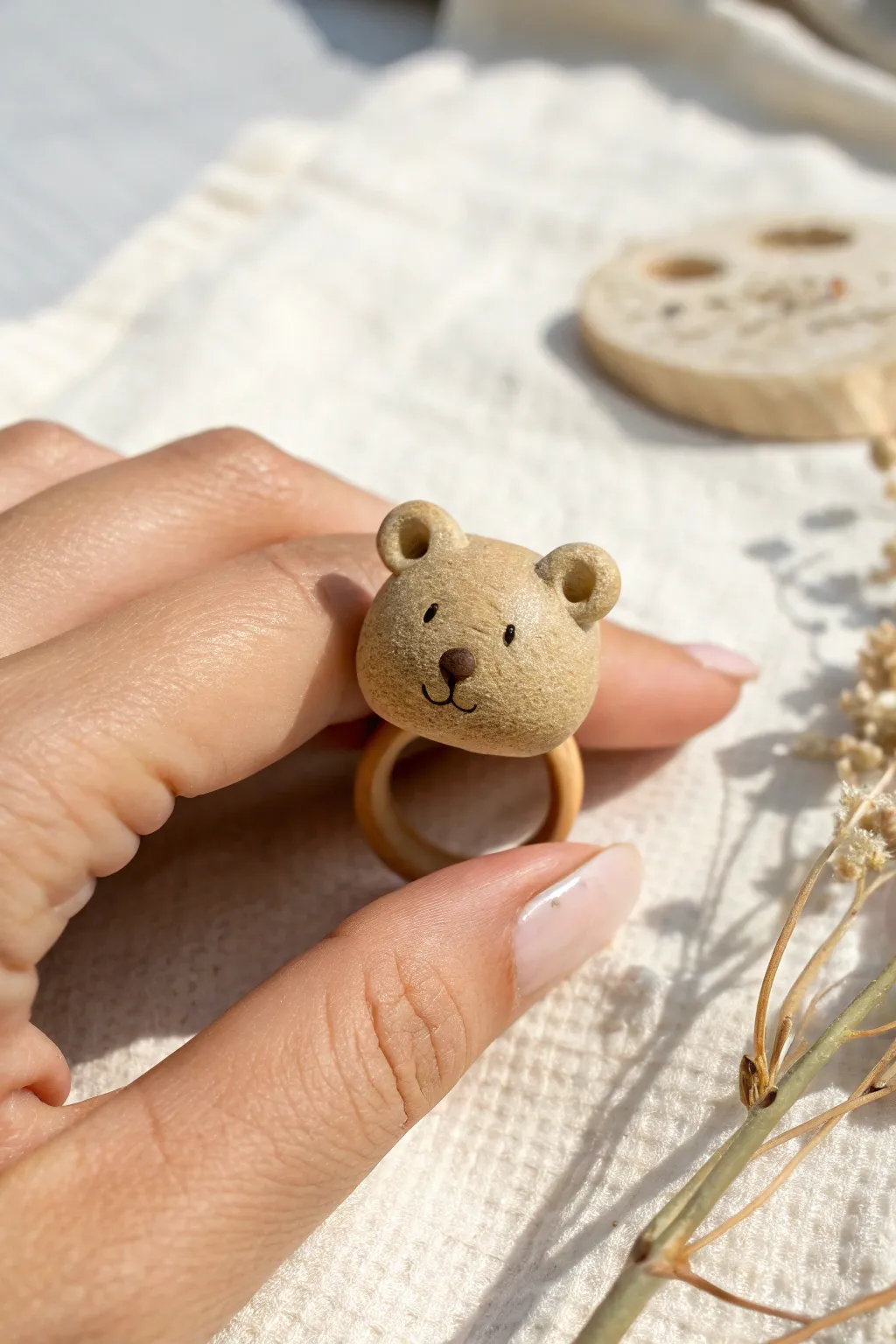 Chubby bear head clay ring in warm tan, minimalist and sweet on a neutral hand pose.