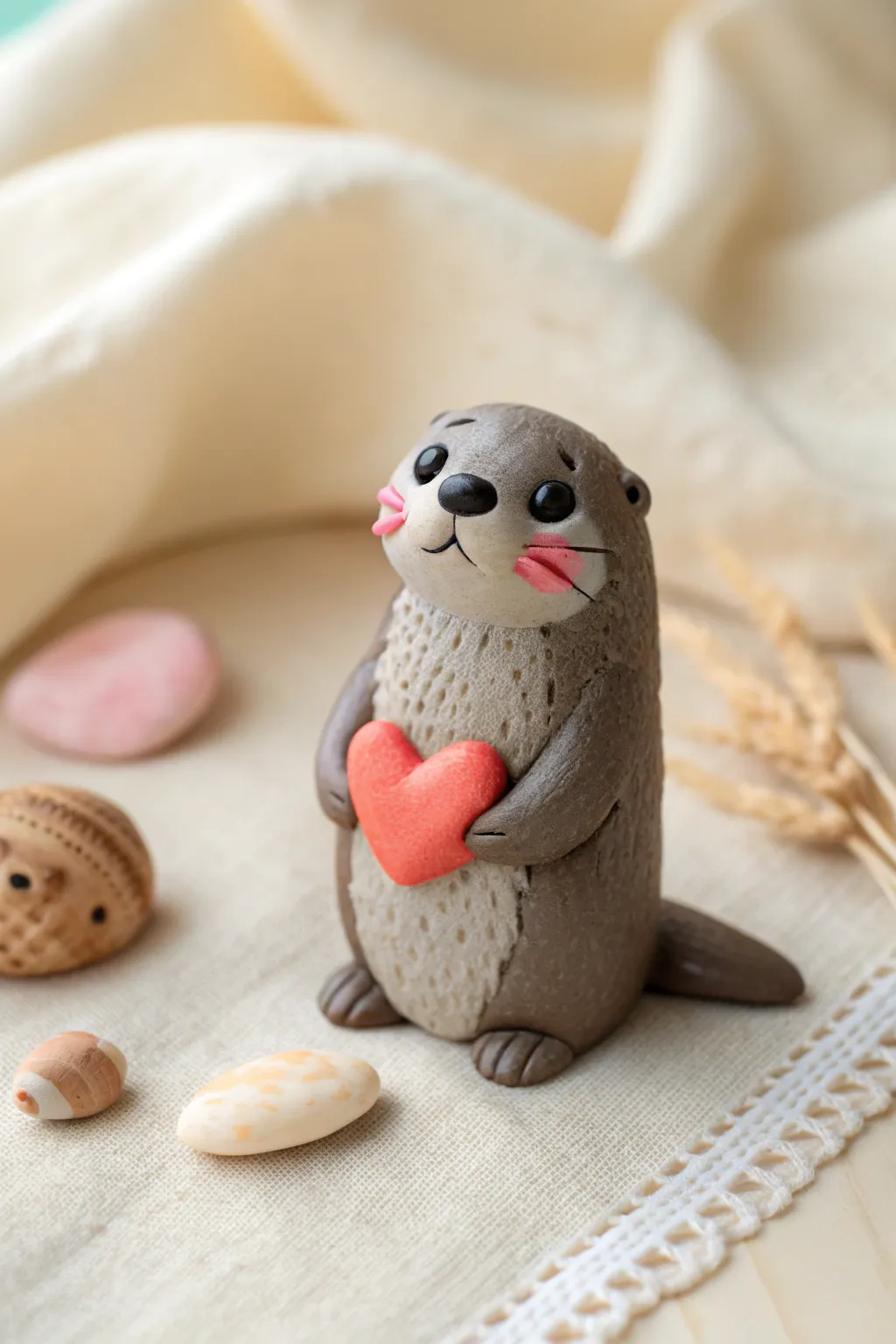 Tiny clay otter hugging a coral heart with sweet blush cheeks, minimalist and boho-cute.