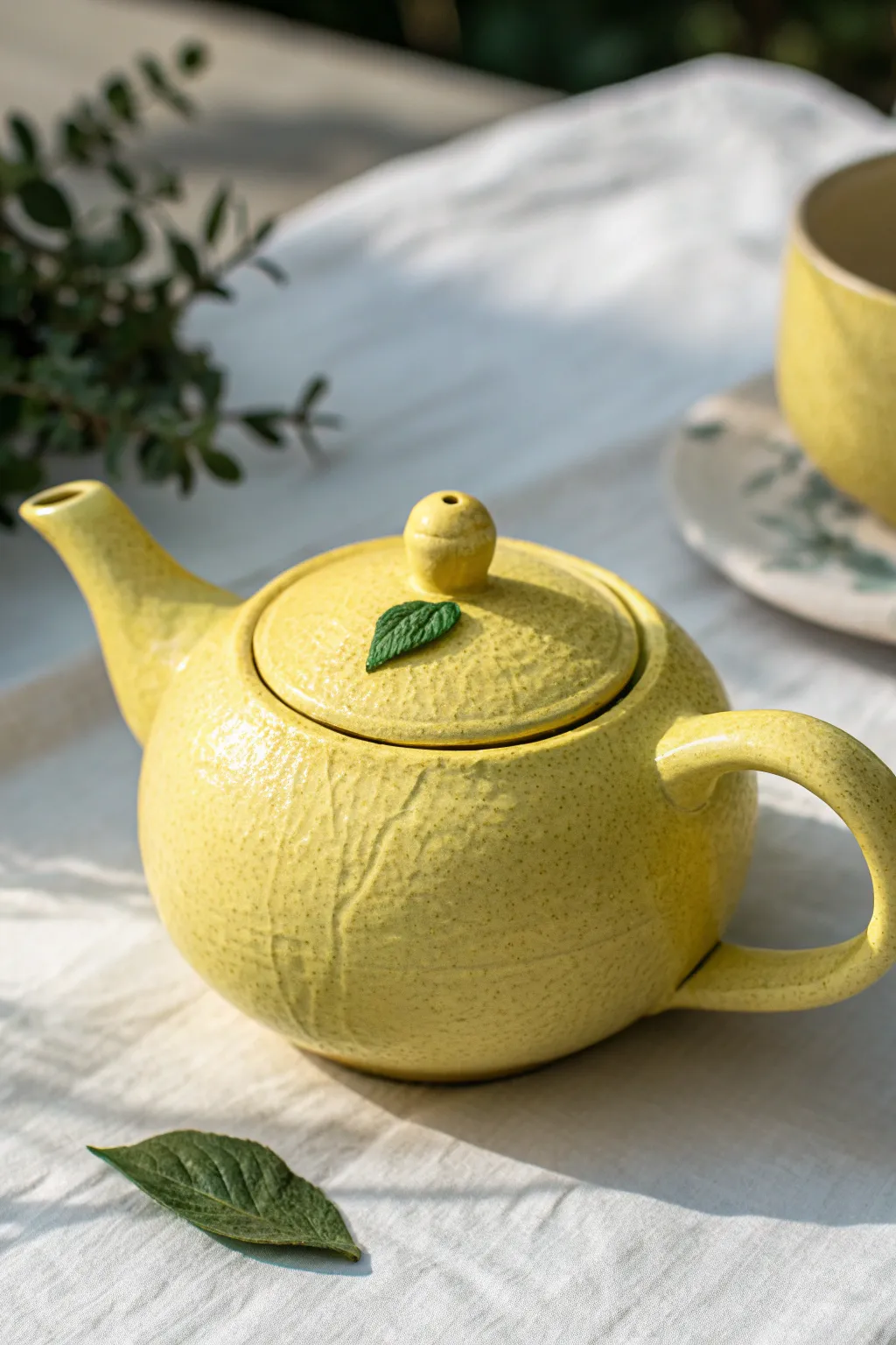 Lemon Drop teapot in sunny yellow with citrus texture and a tiny leaf lid detail, pure joy.