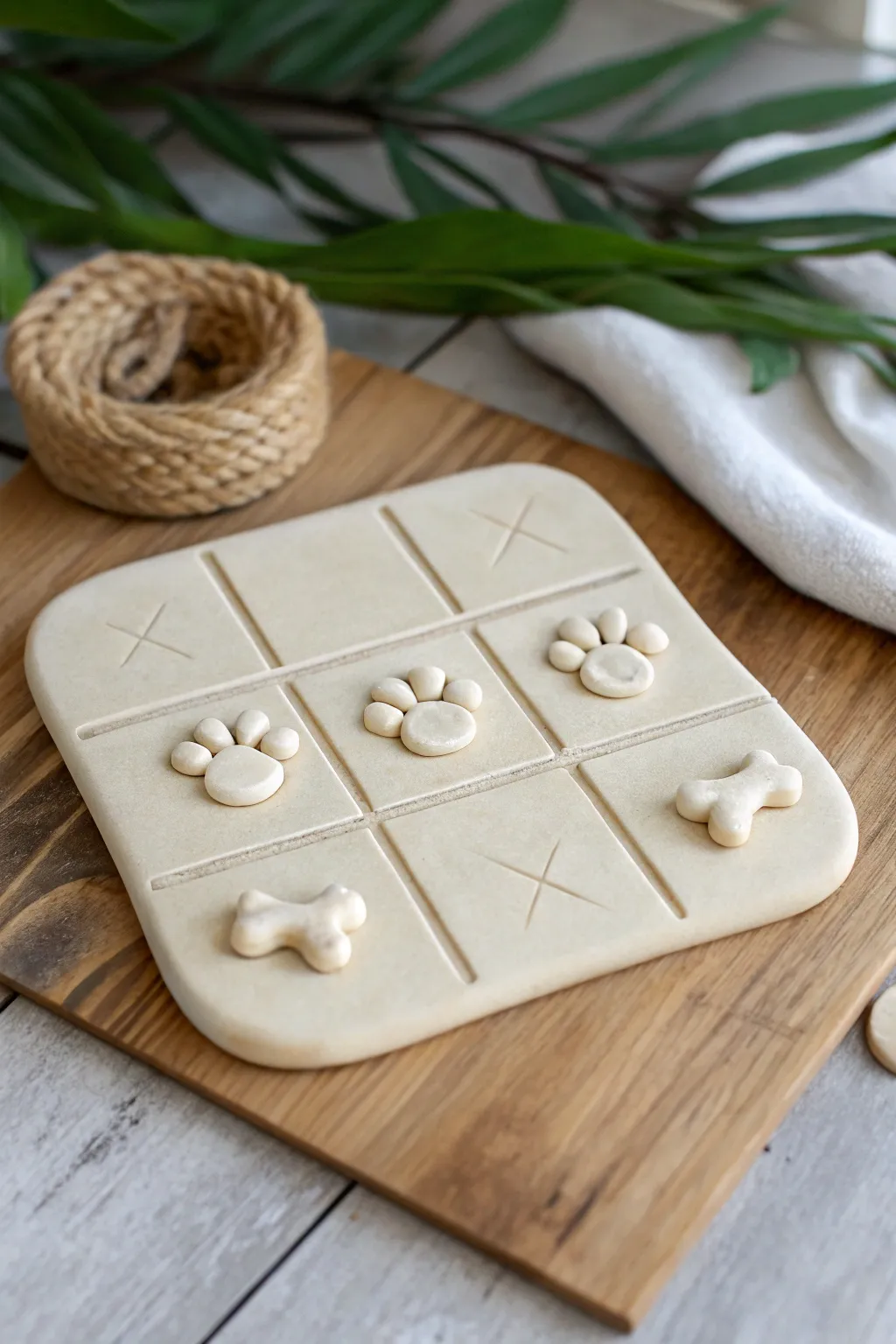 Cute paw print tic tac toe set with bone vs ball tokens in bold minimalist boho colors