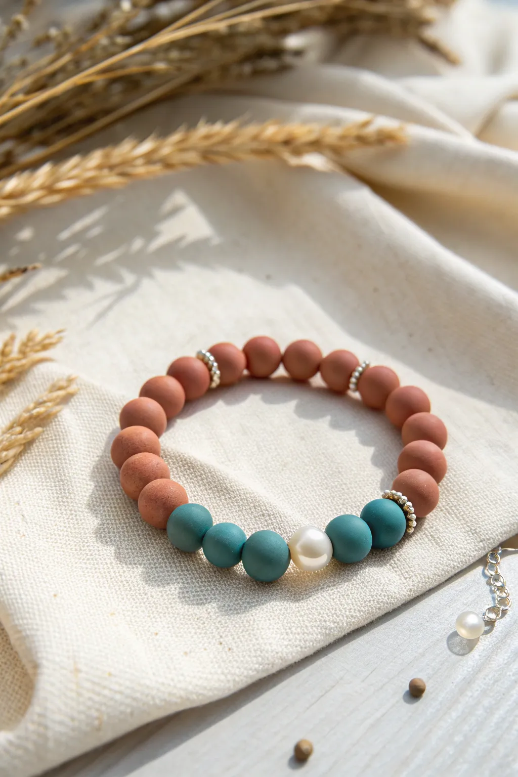 Pearl and clay bead bracelet on linen, simple Scandinavian boho charm with bold color pops.