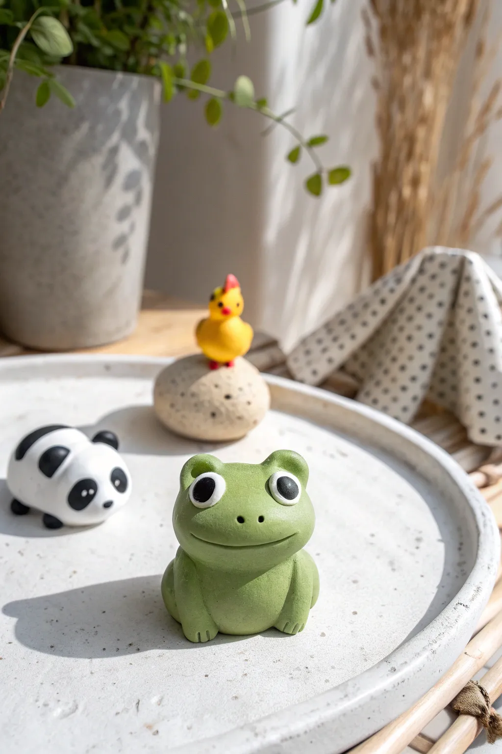 Sweet kawaii clay animal magnet with bold face, minimalist styling, soft boho palette.