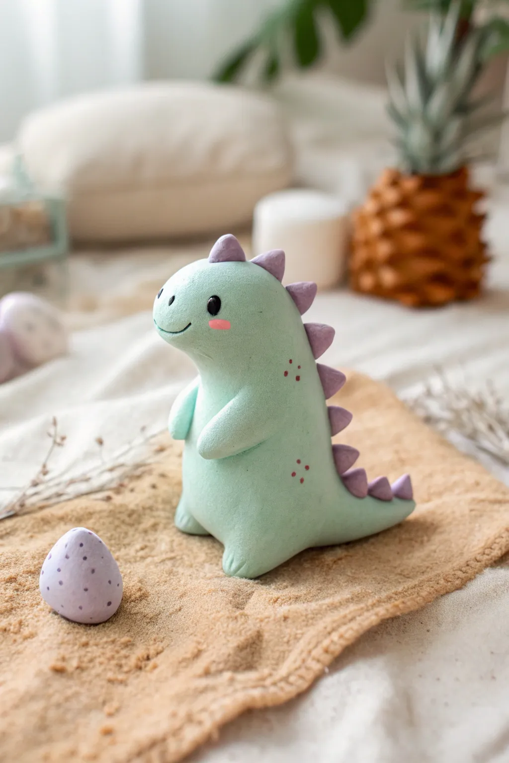 Sweet mini mint dino with simple pastel spikes, an easy cute clay idea for cozy decor