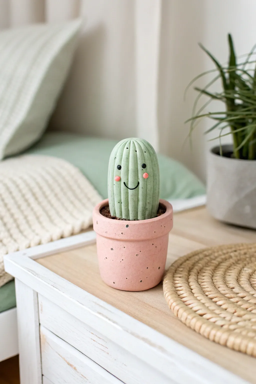 Tiny smiling cactus in a pastel pot, the cutest easy clay decor for small spaces