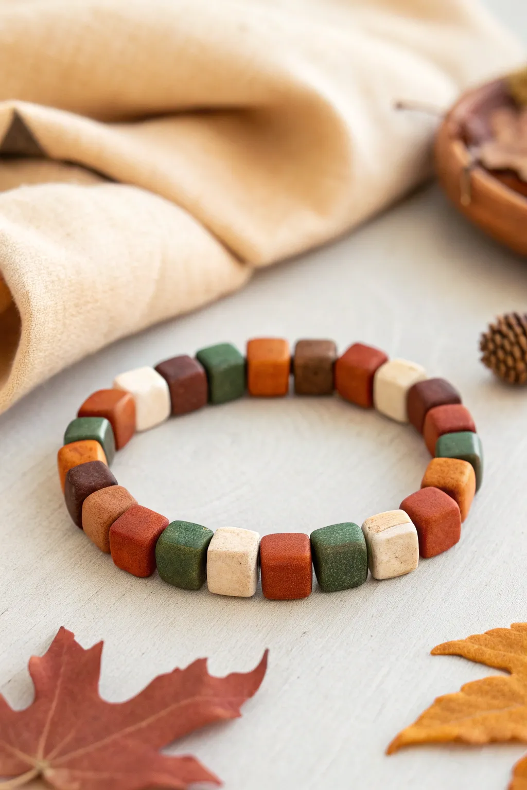 Cozy plaid-inspired fall clay bead bracelet in rust, green, cream, and brown beside soft flannel.