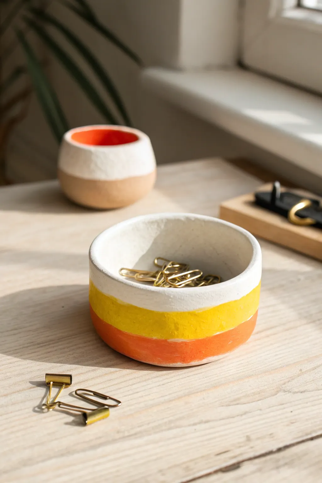 Candy-corn striped mini pinch pot, a cozy fall pop of color for holding tiny desk clips.