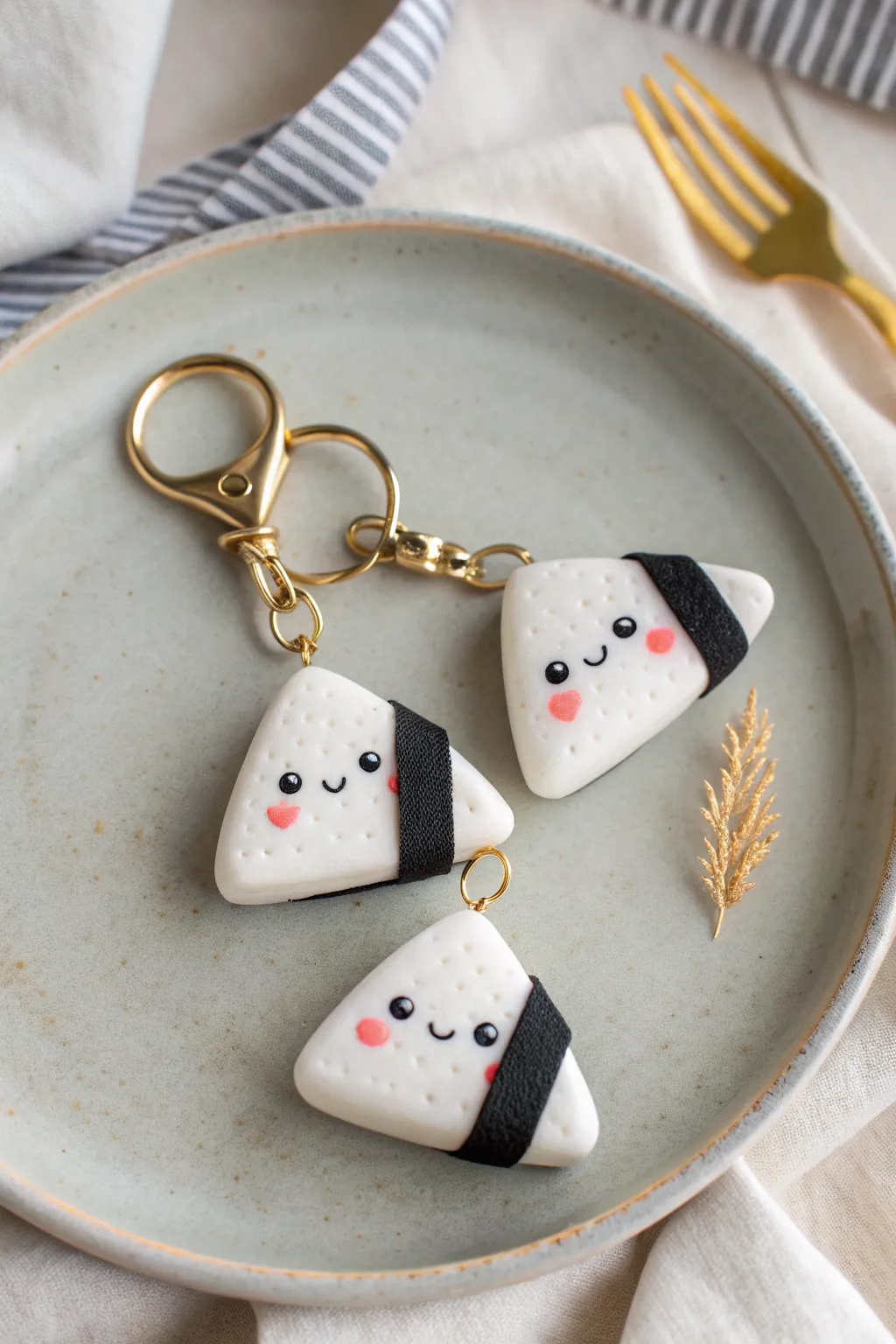 Adorable foam clay rice ball keychains with sweet faces and bold wraps, styled minimal and chic