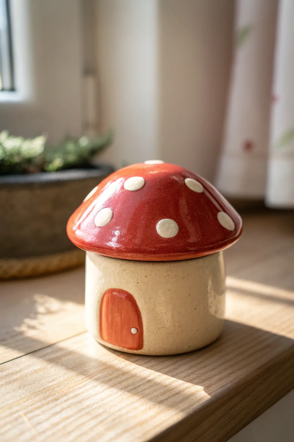 Tiny mushroom house jewelry pot with lid ajar, a sweet bedside keeper in bold, cozy colors.
