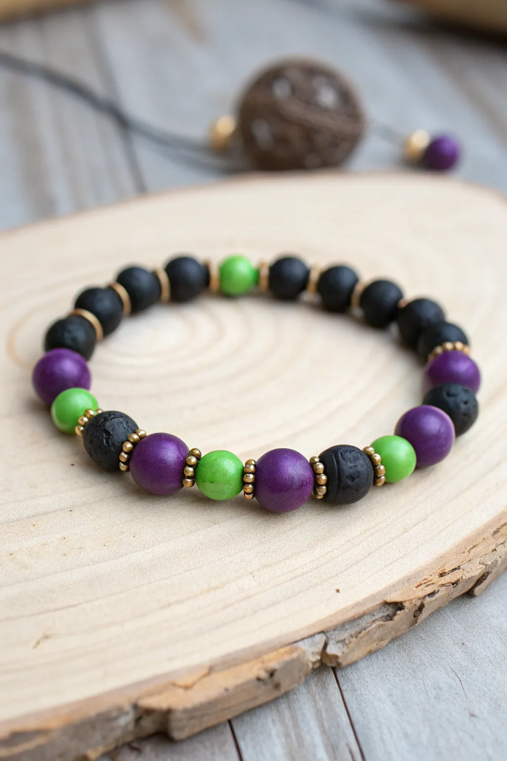 Witchy clay bead bracelet in purple, black, and neon green pops, simple and bold for Halloween.