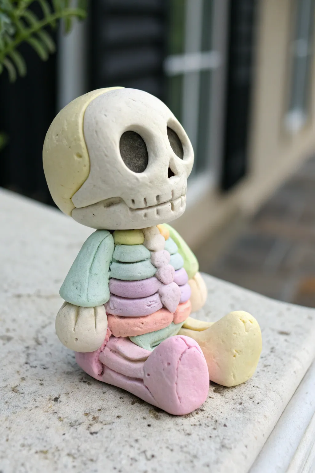 Pastel spooky-cute mini clay skeleton with oversized skull, perfect for Halloween decor.