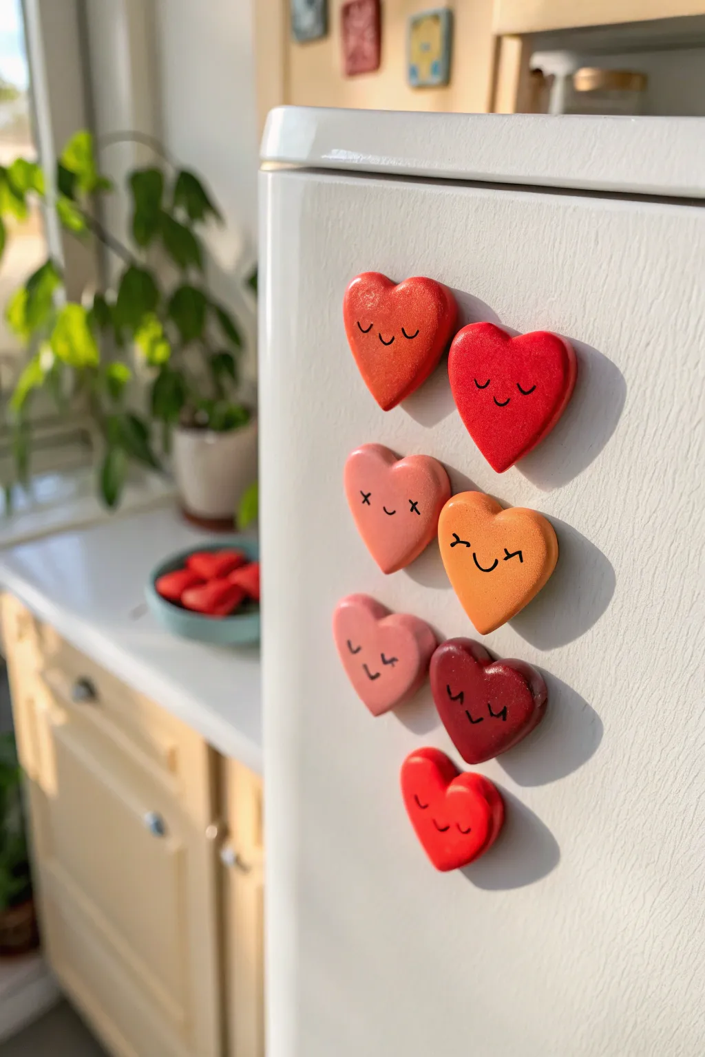 Seven bright heart clay magnets with cute faces on a clean fridge backdrop, bold yet minimal.