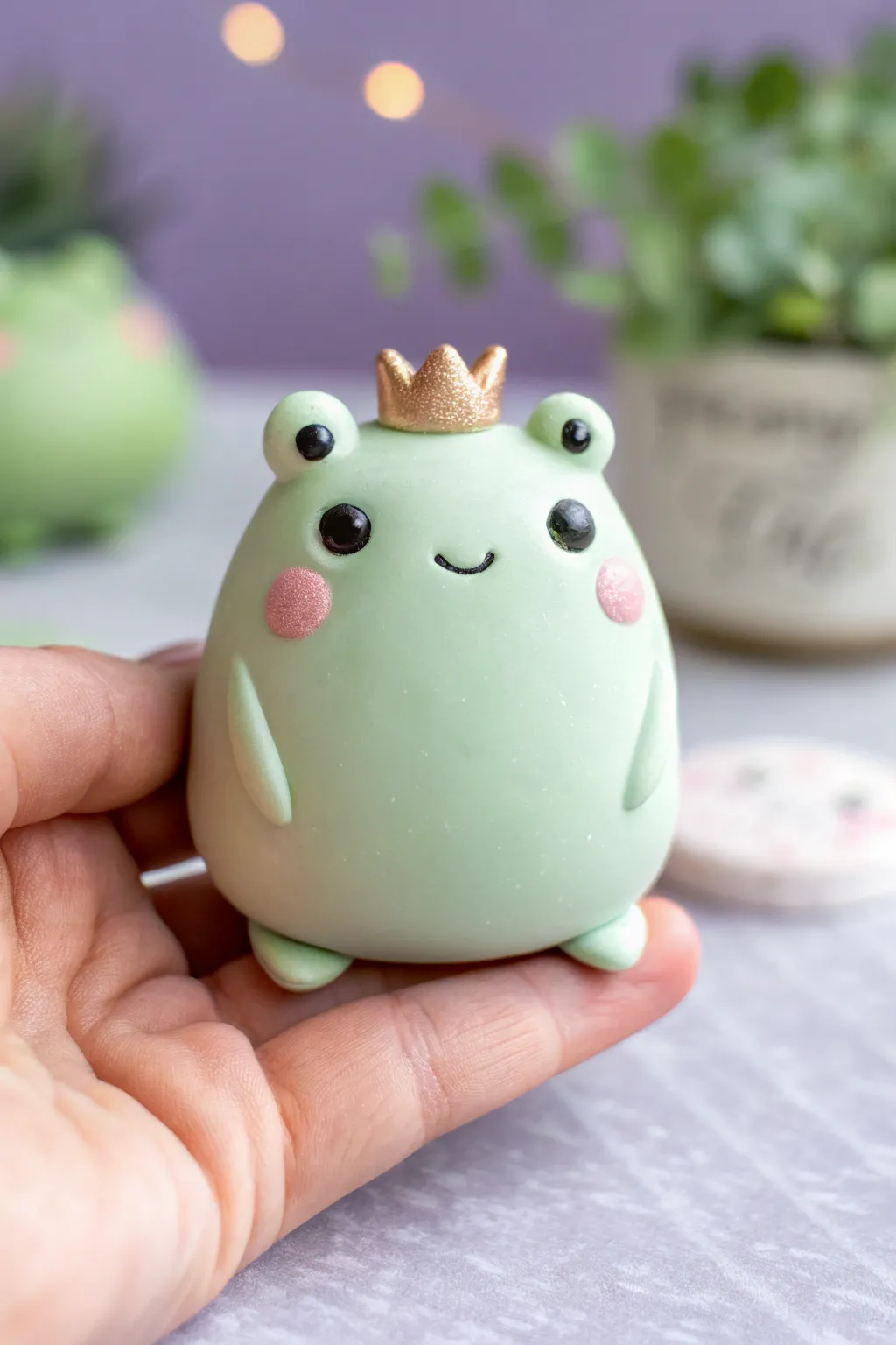 Bean-shaped kawaii frog with a tiny crown, an easy air dry clay idea for sweet decor.