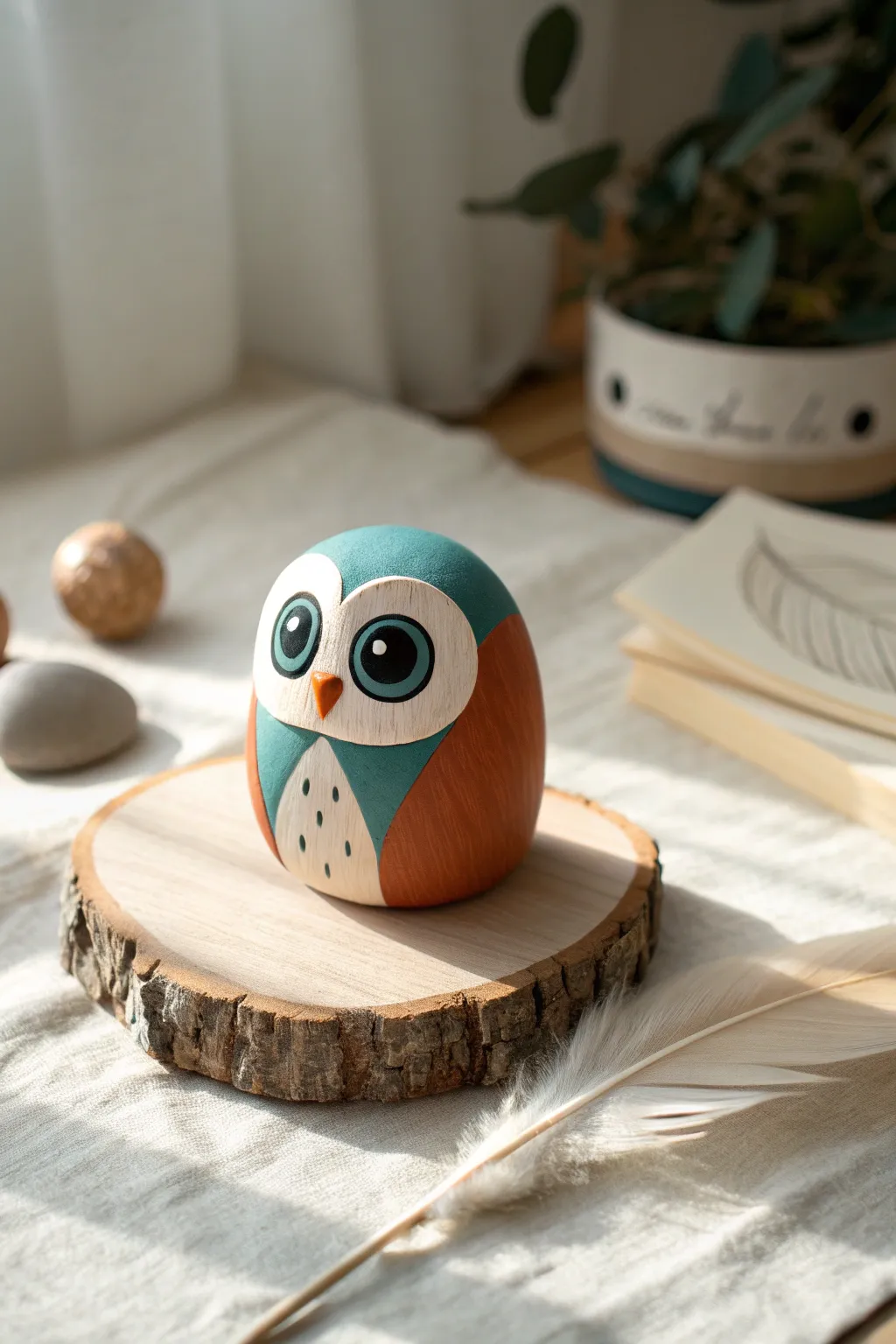 Wide-eyed color-block owl buddy on a wood slice, minimalist boho charm with bold contrast.