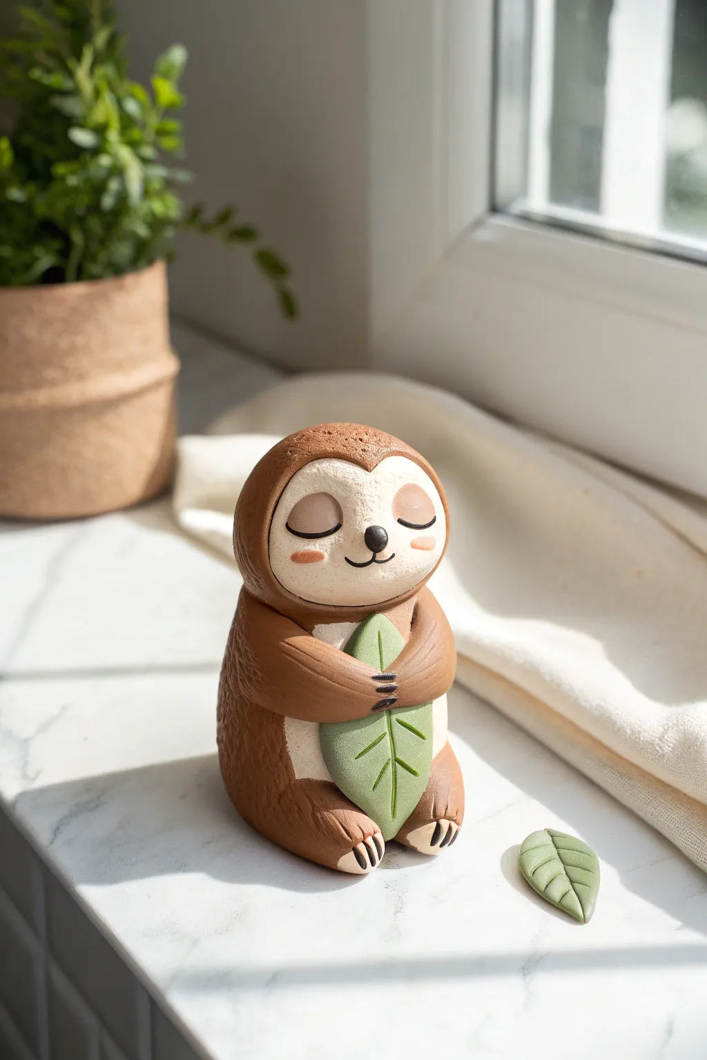 Sleepy clay sloth hugging a tiny leaf, minimalist boho vibes in warm matte browns