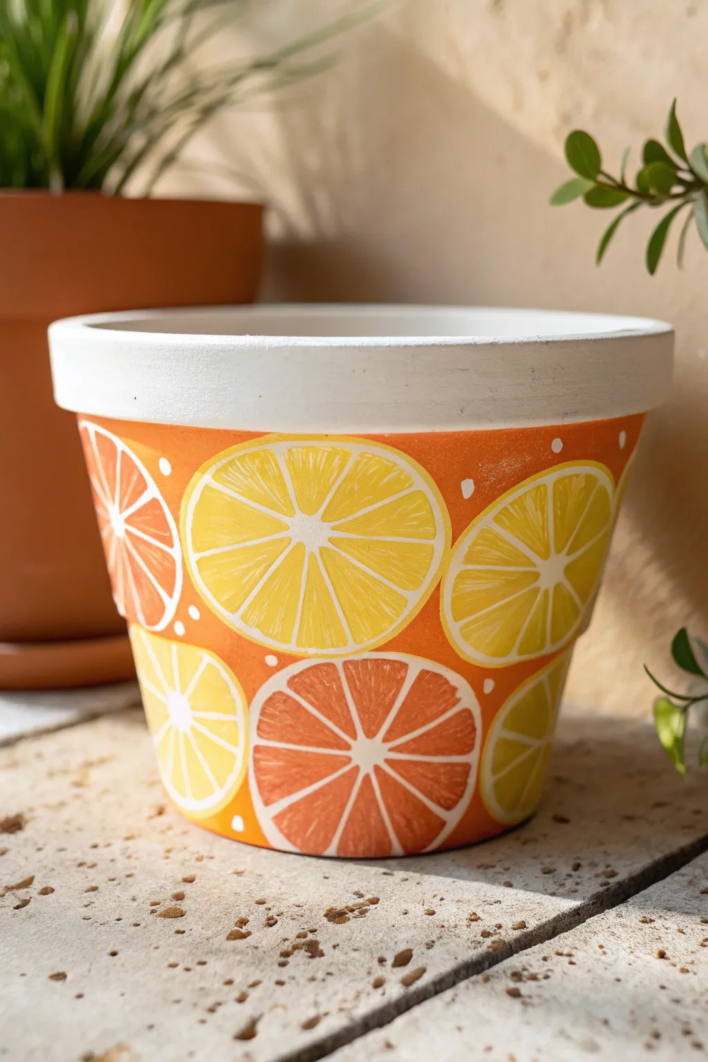 Citrus segment color-block pot: bold orange and lemon wedges with a crisp white rim.
