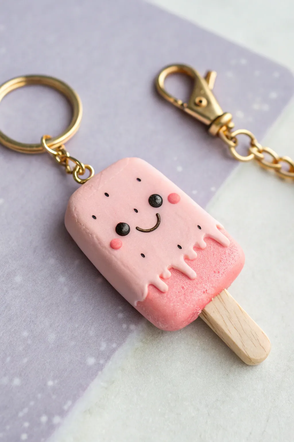 Strawberry pink ice cream bar keychain charm with cute face and simple drip detail