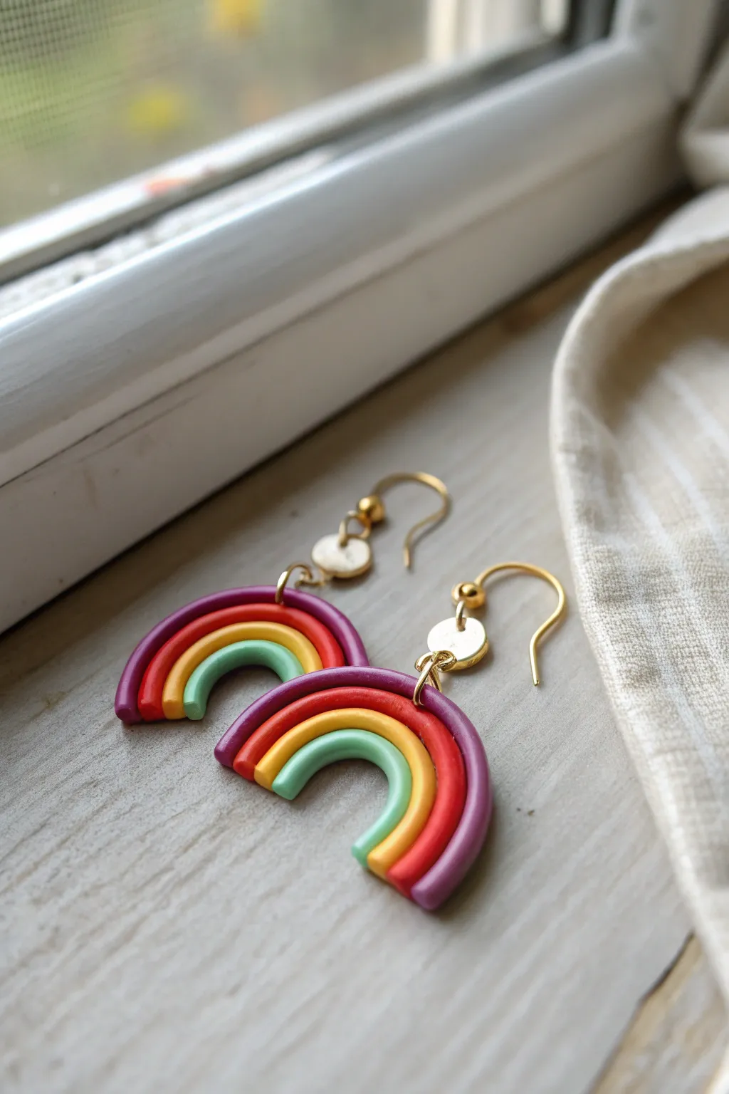 Minimalist rainbow coil hoops in polymer clay on soft linen, bold color and cozy handmade charm