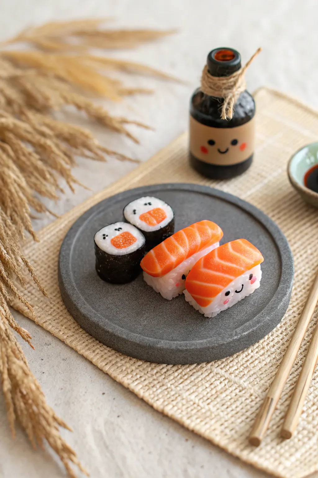 Tiny polymer clay sushi friends on a dark plate, minimalist styling with bold, cheerful color