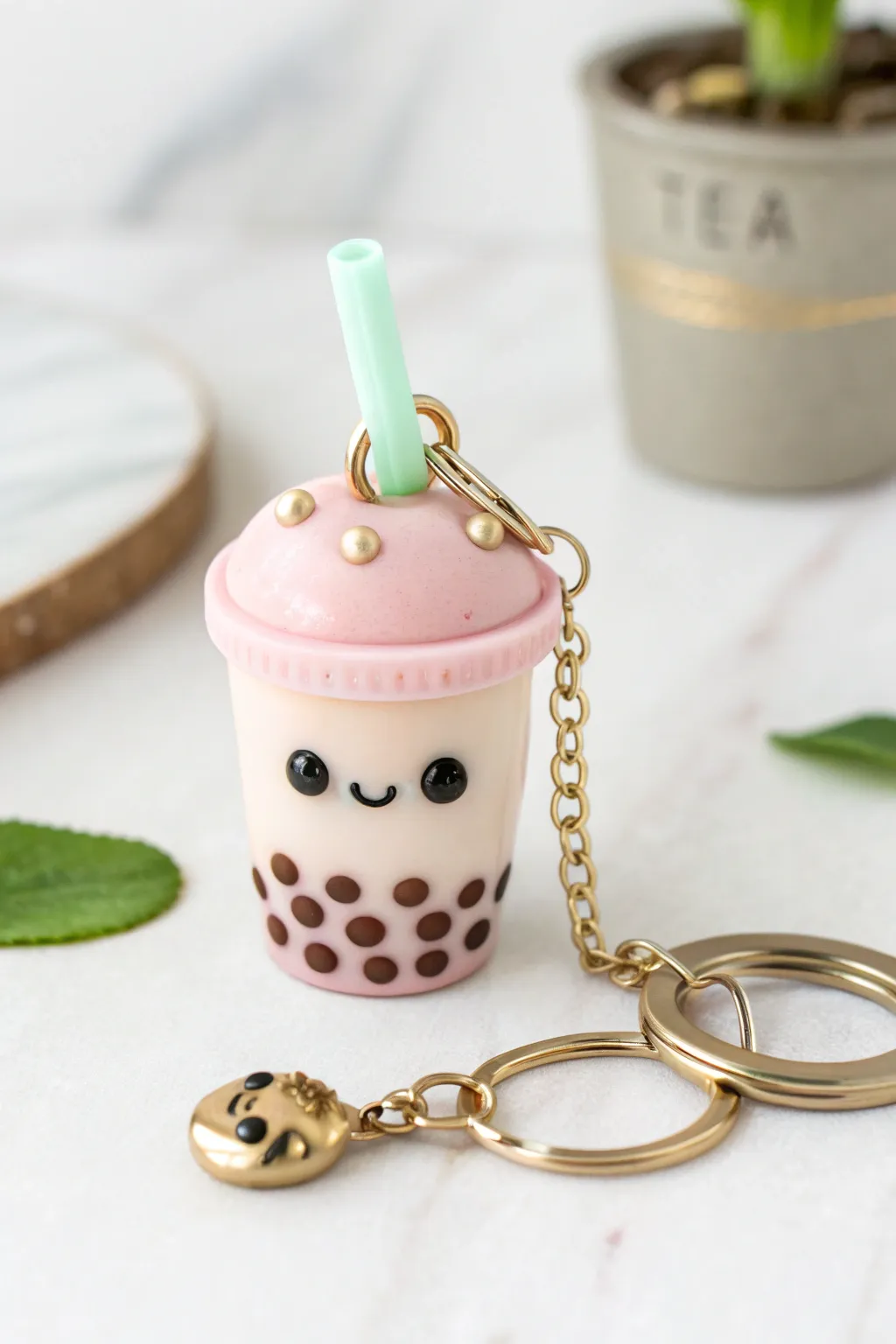 Sweet boba cup charm with mini straw and happy face for an easy, cute polymer clay keychain.