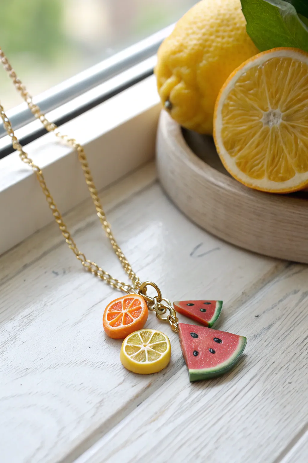 Vibrant polymer clay fruit slice charm trio pendant, minimalist boho mood with bold color pop