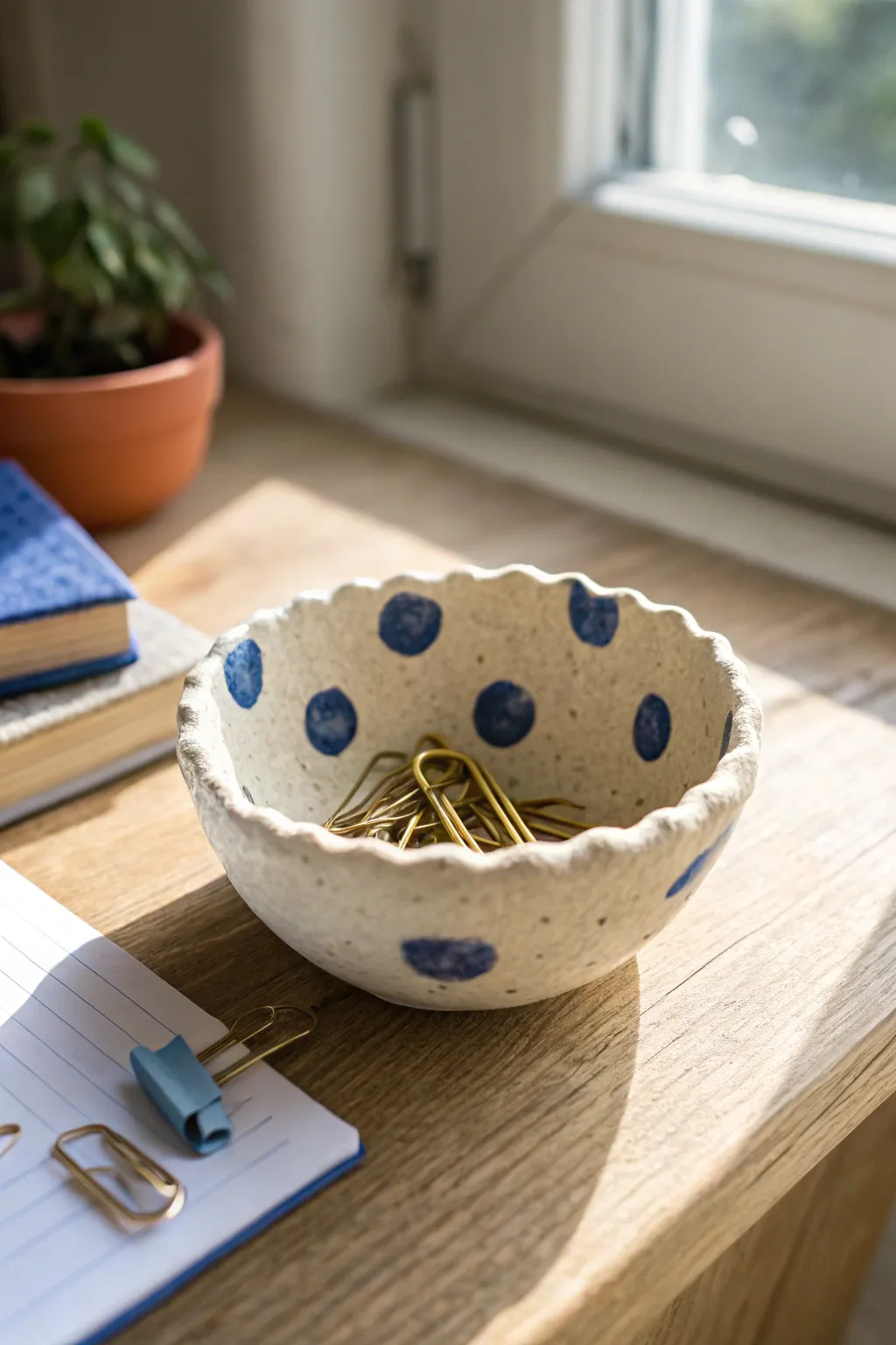 Tiny scalloped pinch bowl with playful dots, the cutest home for paper clips on your desk.