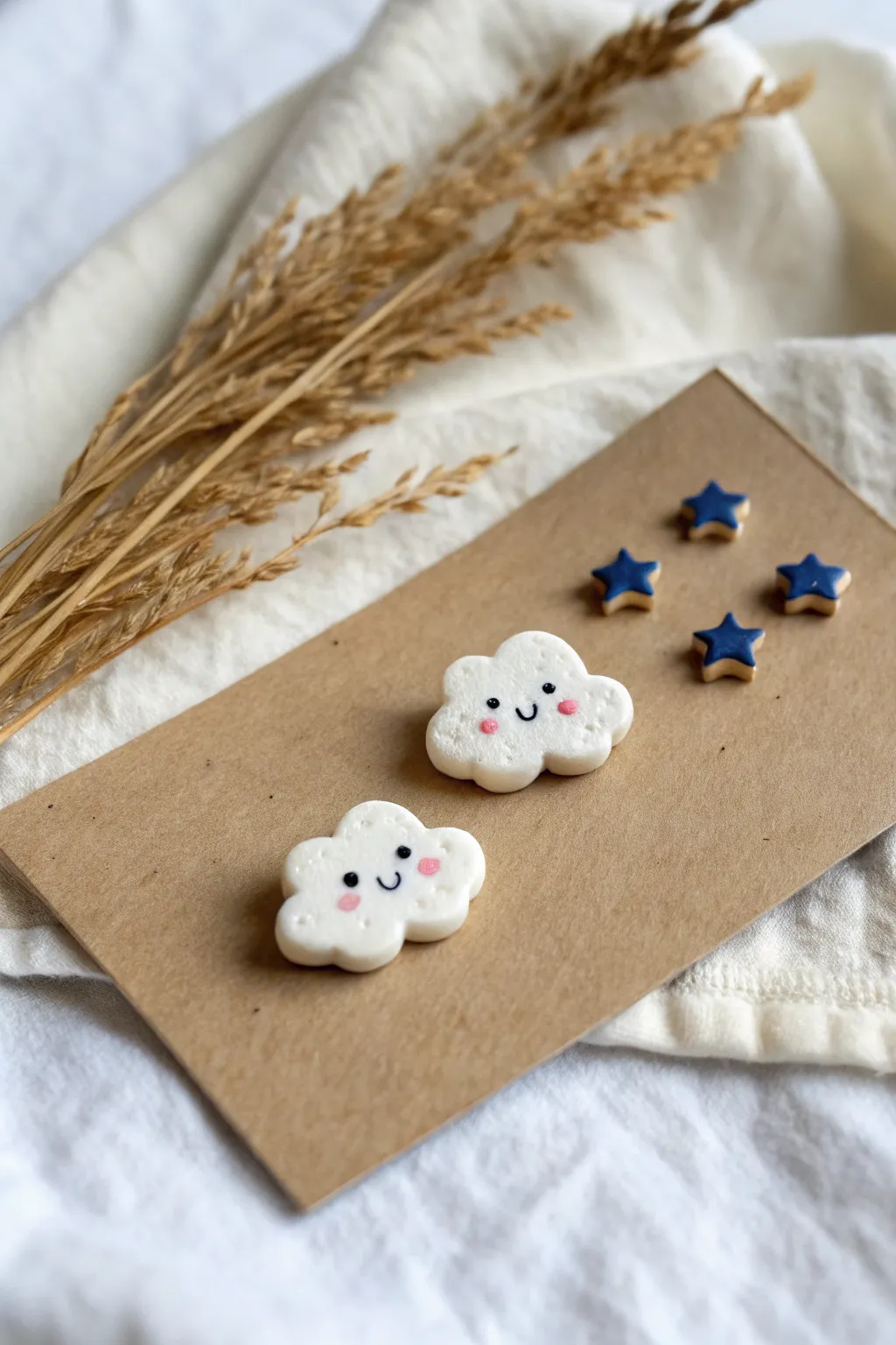 Tiny cloud and star clay stud earrings in bold blues and soft creams, minimalist and handmade.
