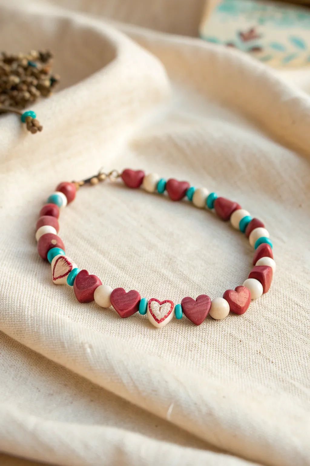 Heart-bead station bracelet in bold Valentine hues, minimalist styling and handmade charm.