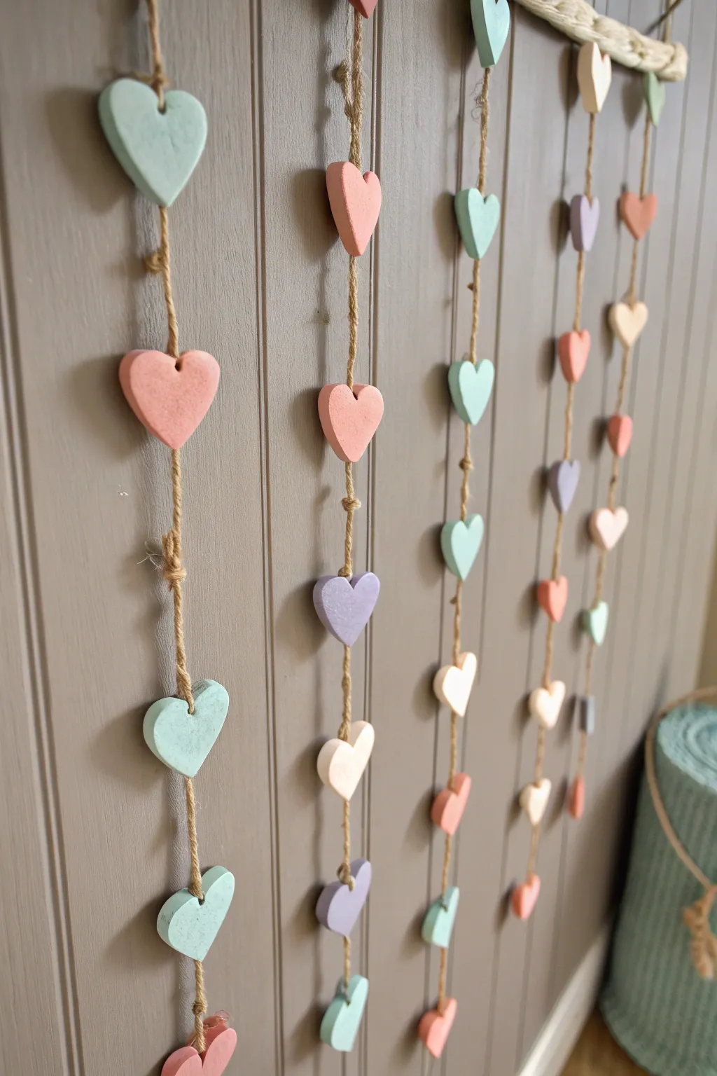Sweet mixed-pastel clay heart garland to brighten your Valentines decor with handmade charm