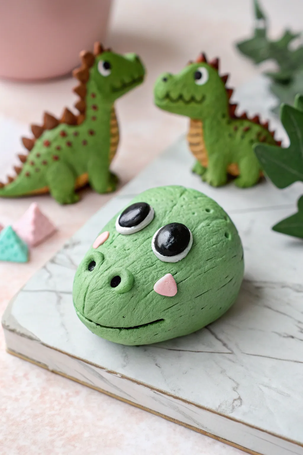 Big-eyed dino head magnet cuteness with pastel calm and bold minimalist contrast.
