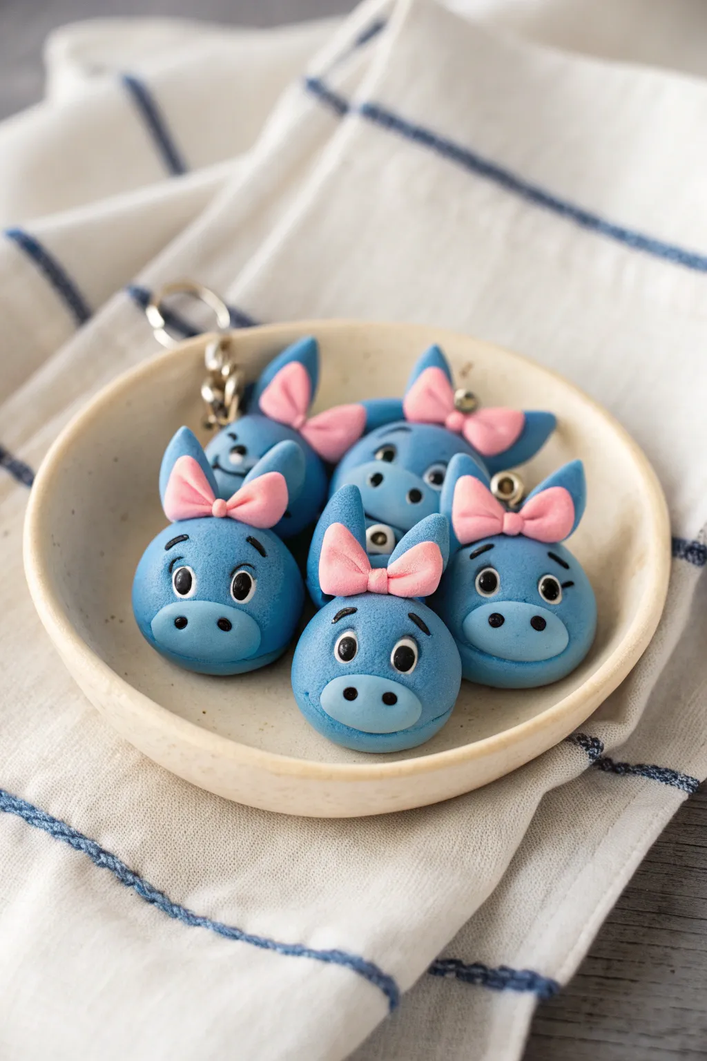 Disney-inspired blue donkey patchwork clay charms in a minimalist boho cluster with bold contrast