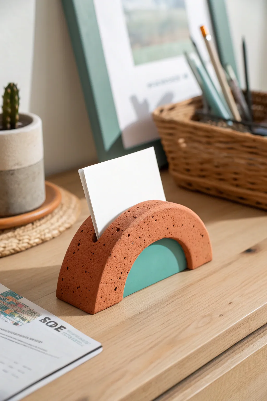 Minimal air-dry clay arch holder with a blank postcard, Scandi calm with bold color pop.