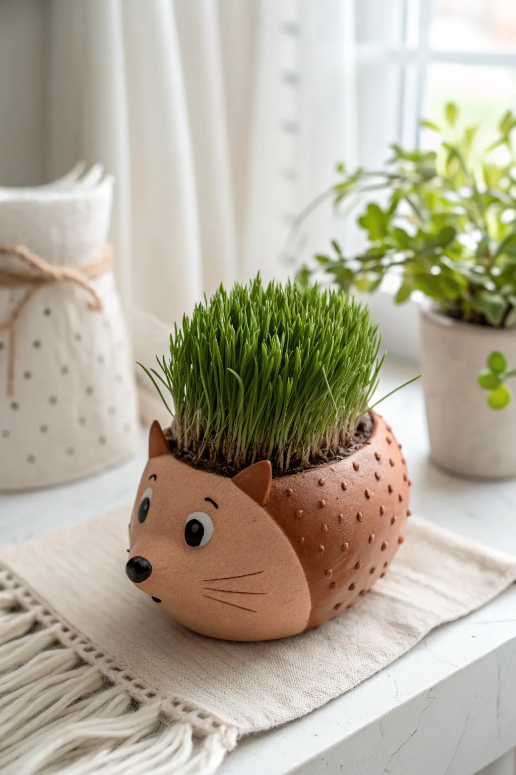 Sweet clay hedgehog chia pet with lush spiky green quills, minimal and Pinterest-pretty