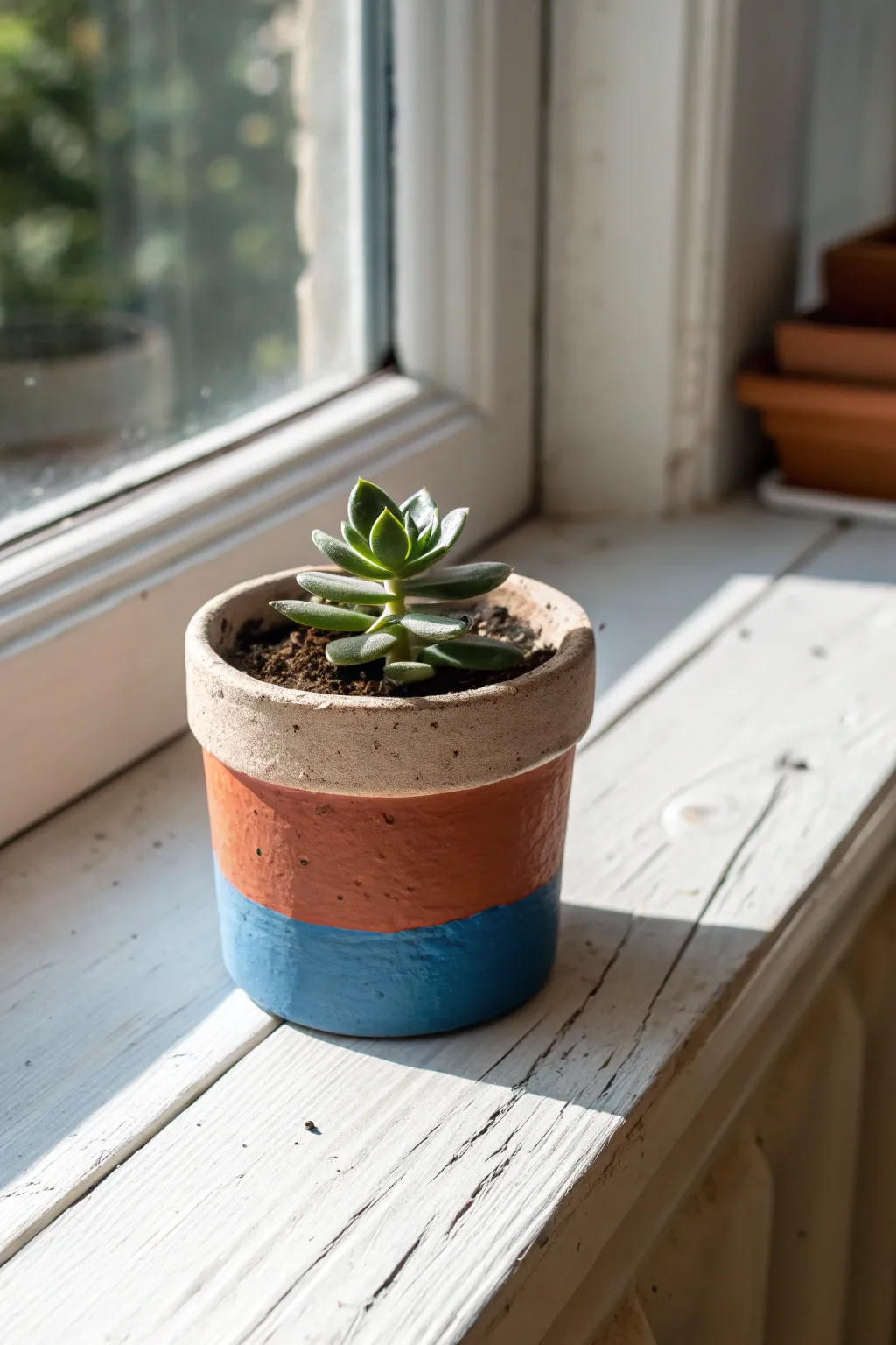 Mini two-tone clay succulent planter on a sunny sill, simple, handmade, and gift-ready.