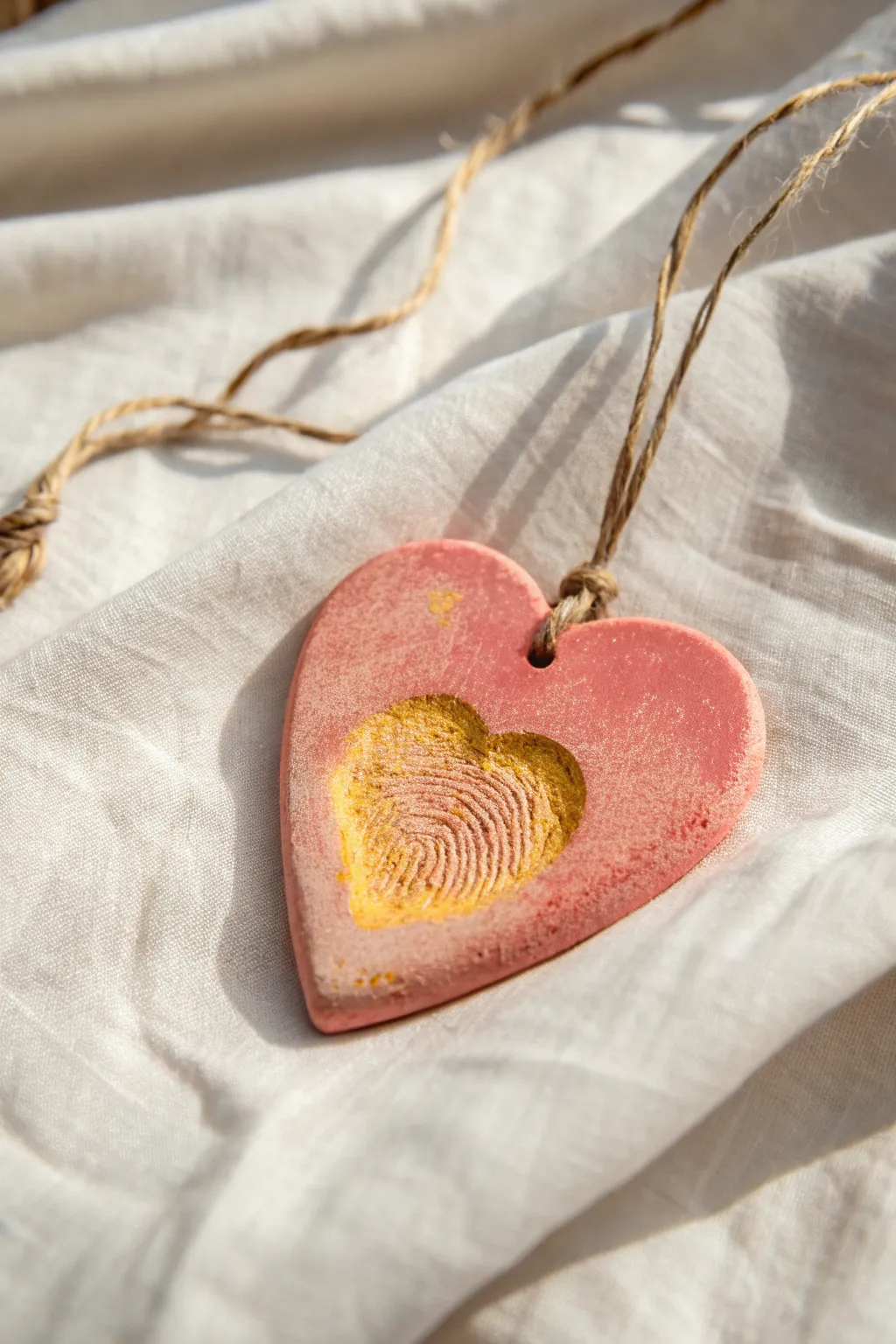 Sweet thumbprint heart clay ornament in cheerful colors, a simple keepsake kids can make