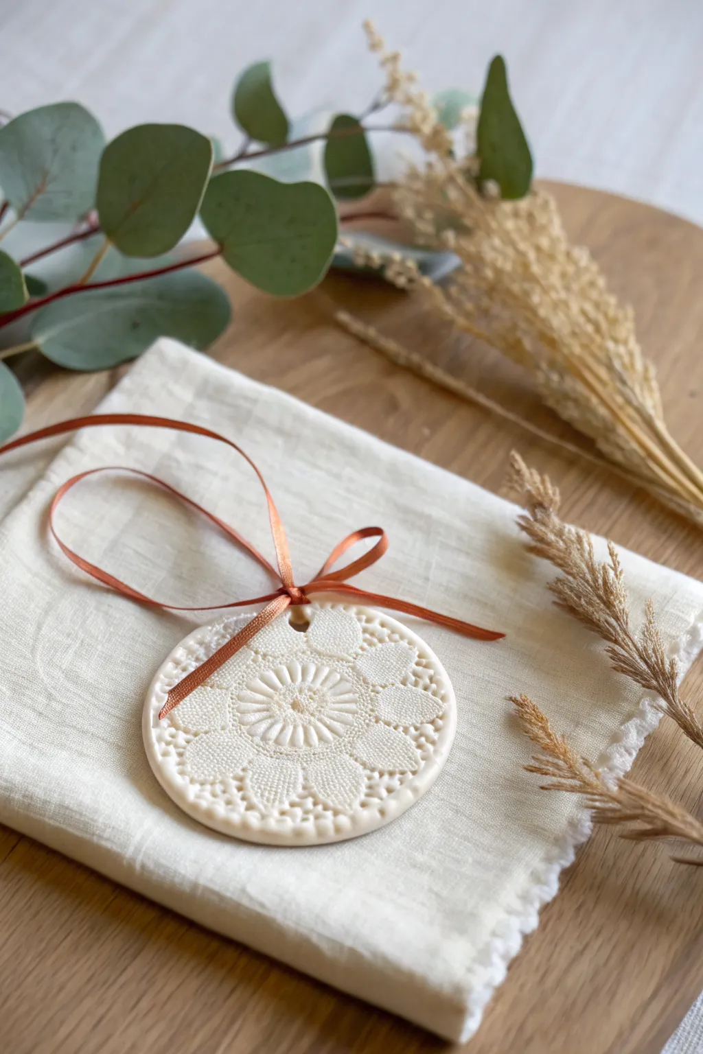 Lace-textured clay medallion ornament with bold ribbon and dried botanicals, simple boho charm.
