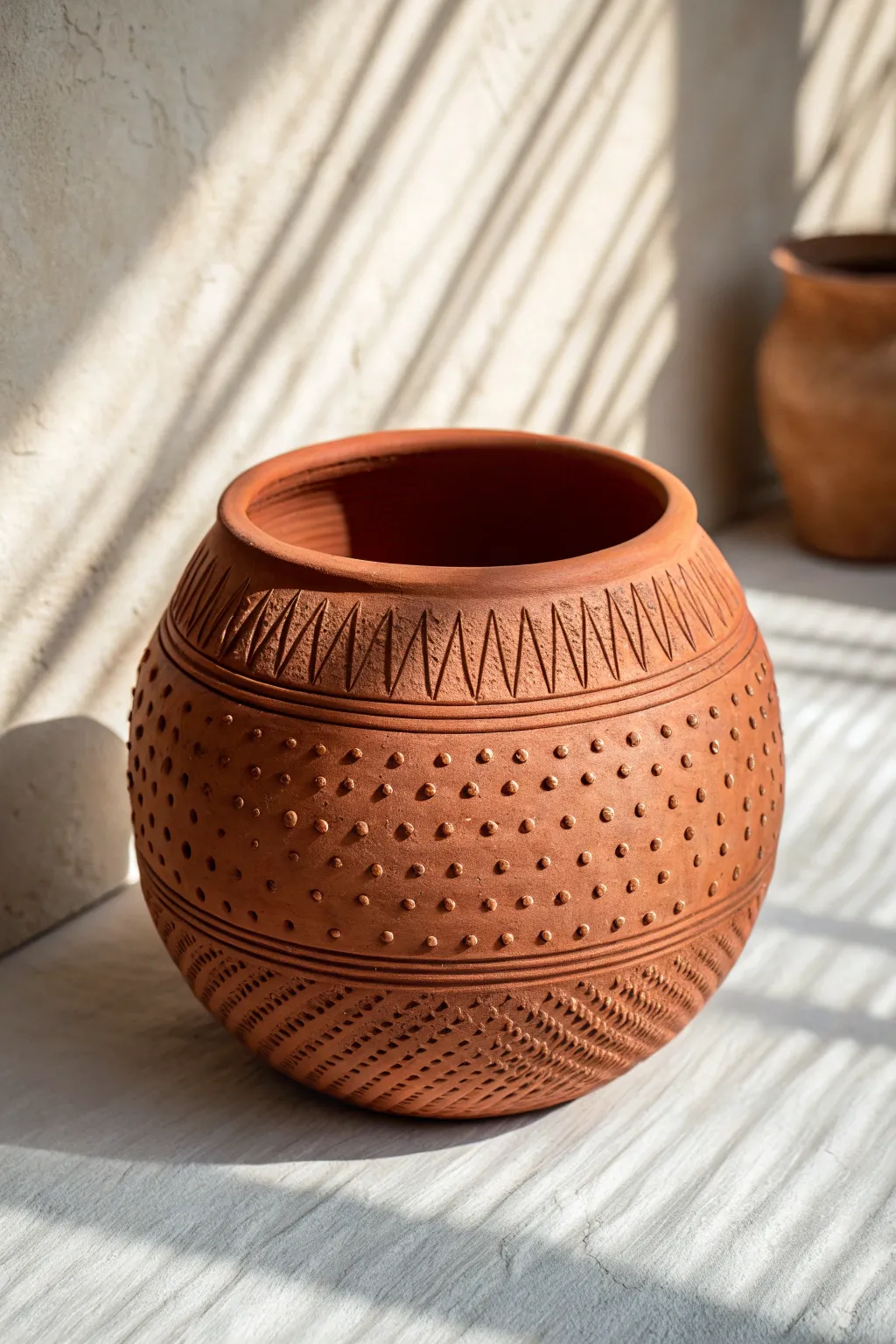 Textured impressed clay pot in bold earthy color, minimal backdrop, warm light, strong shadows.