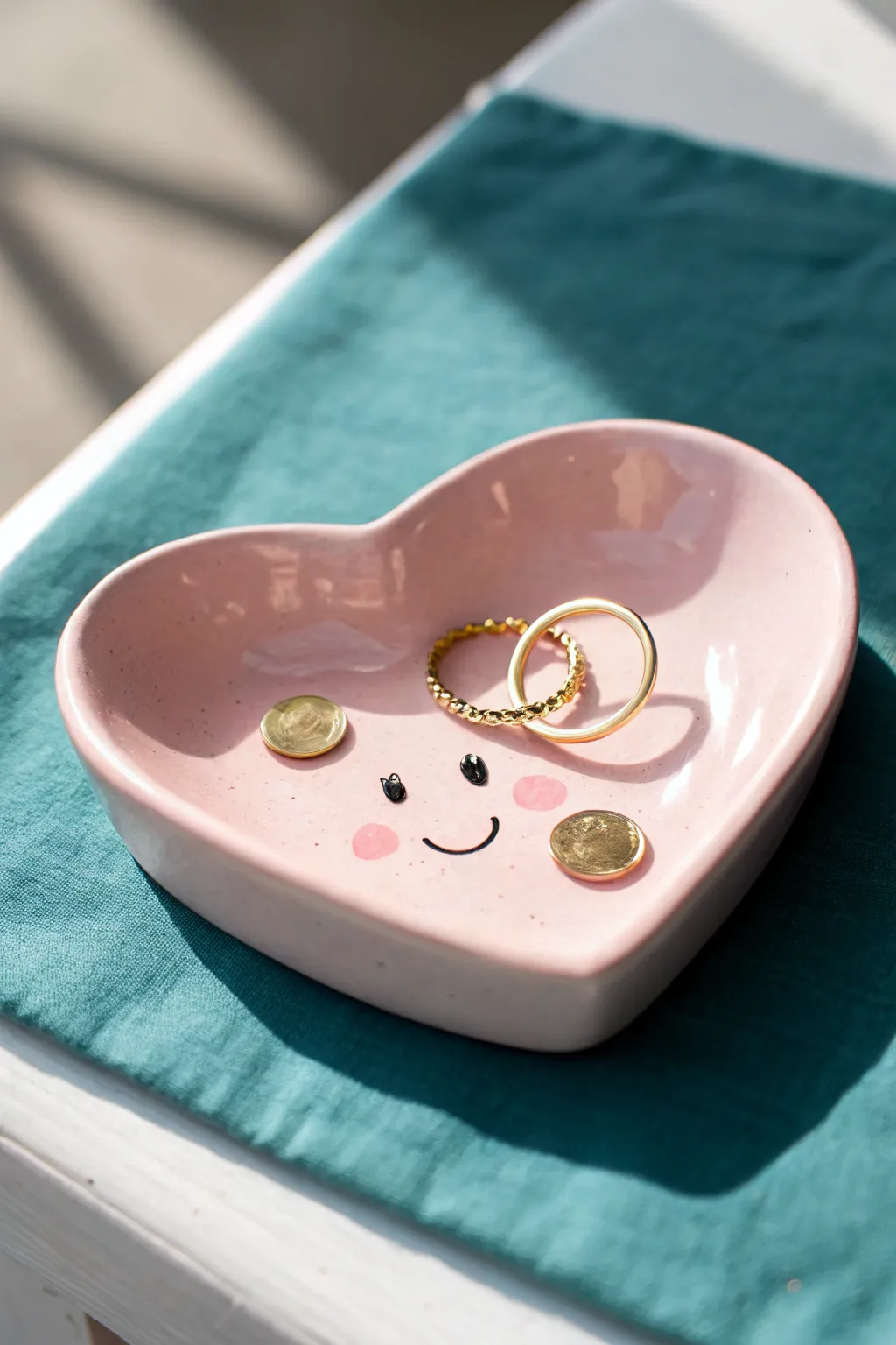 Glossy pastel pink heart pocket dish with a cute face, perfect for rings, coins and earrings.