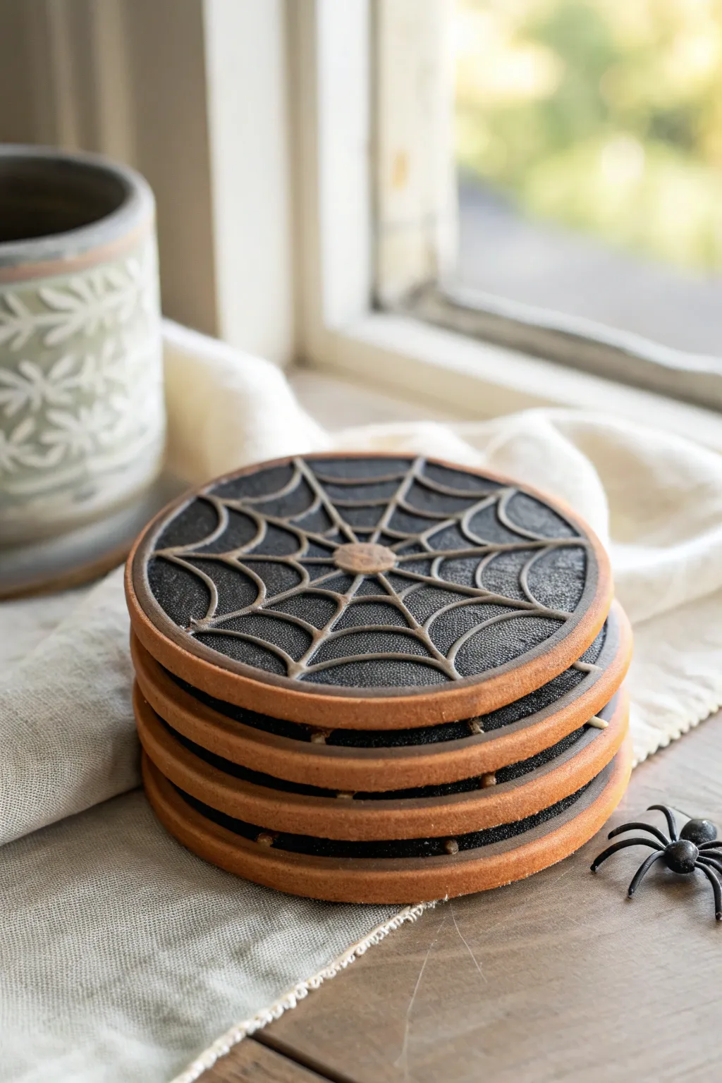 DIY Halloween vibe: minimalist spiderweb clay coasters with a tiny spider accent, bold yet cozy.