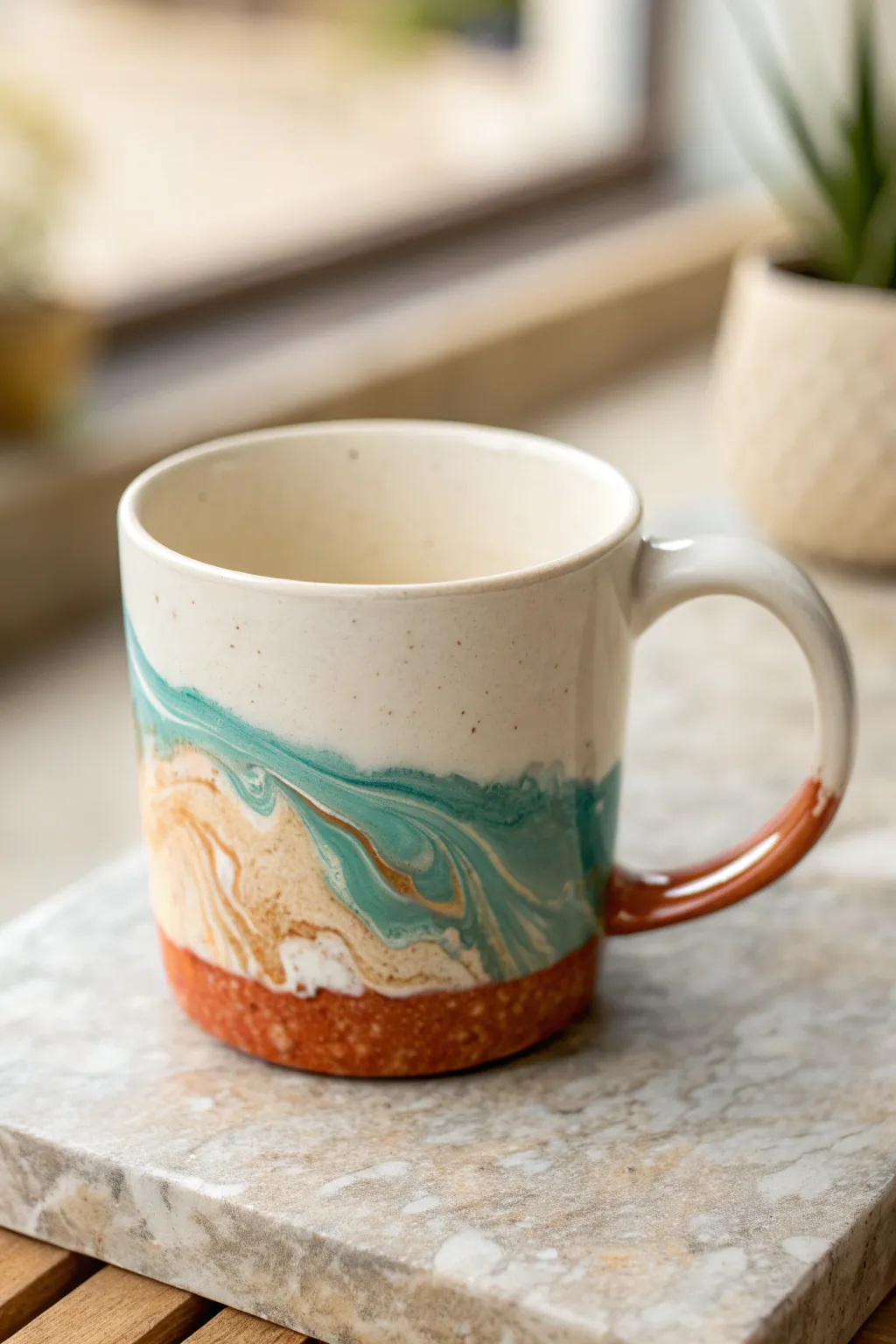 Swirled water-marble mug with a clean top and bold artisan color band for easy DIY charm