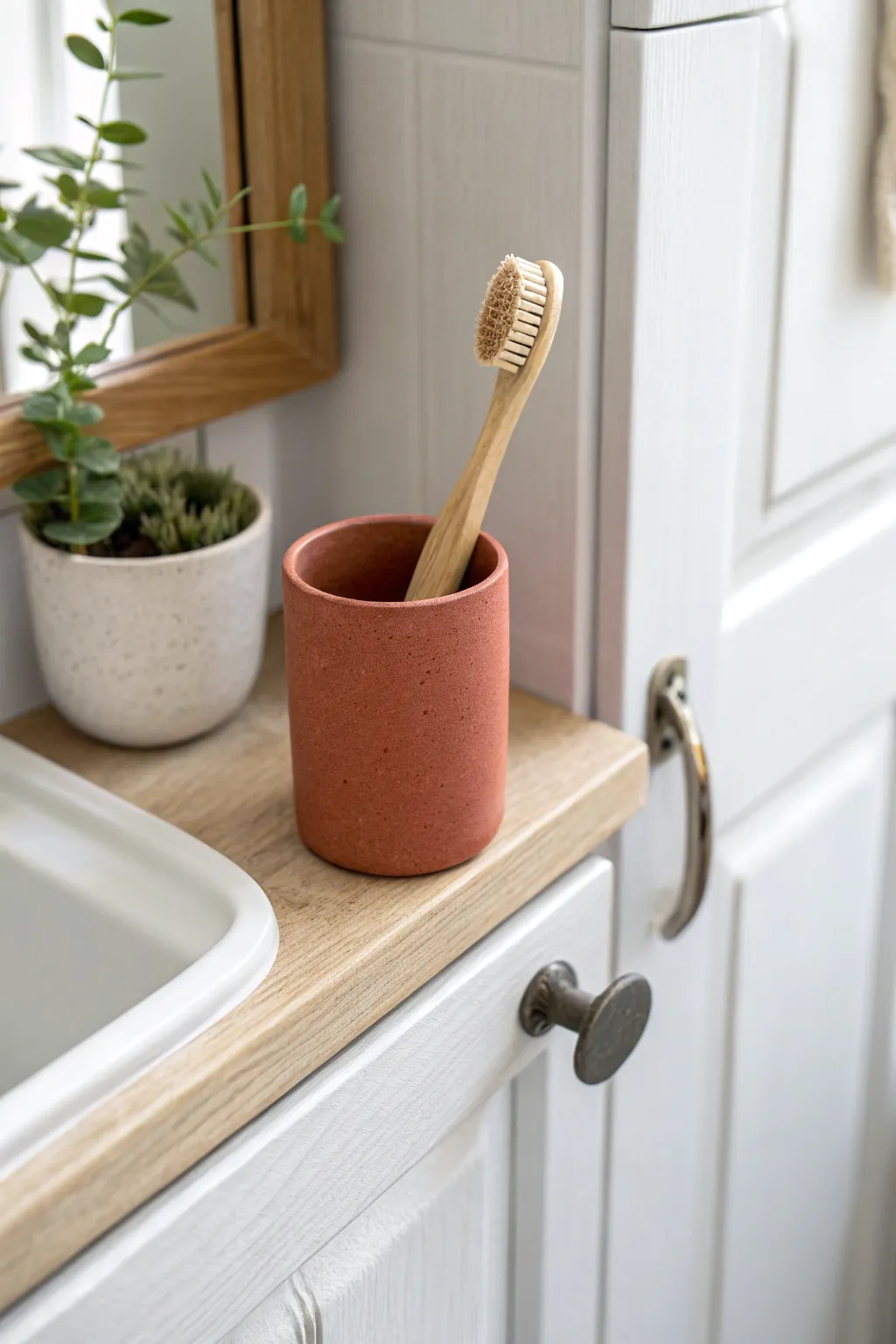 Hide toothbrush clutter with a simple cabinet-door cup organizer using hook-and-loop tape.