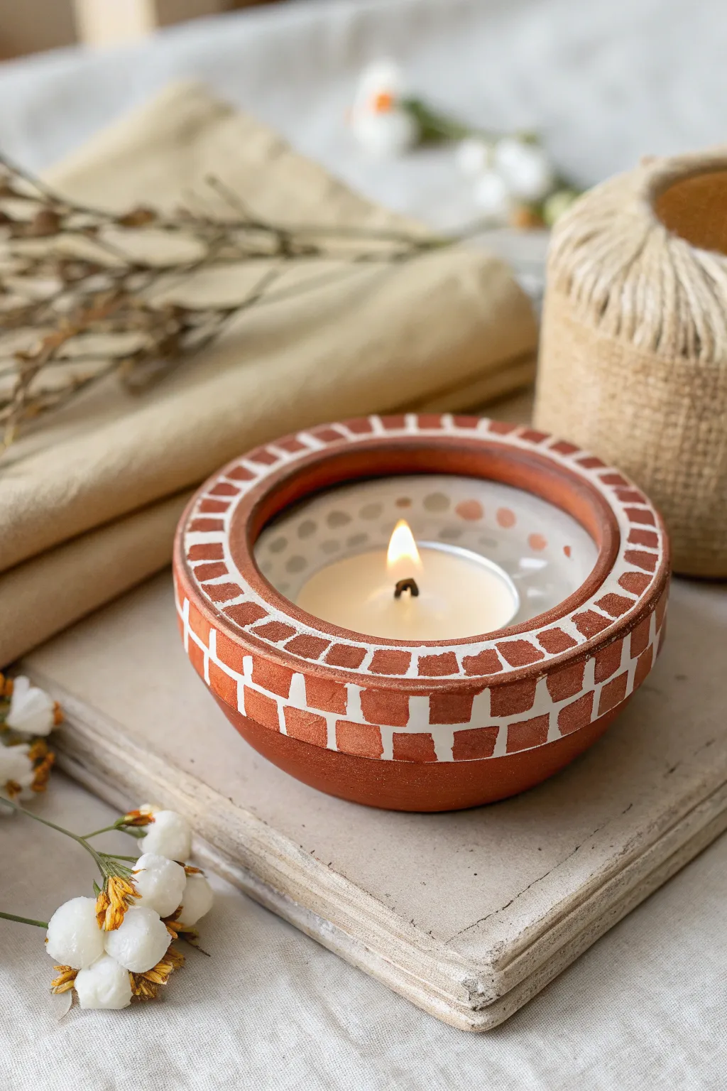 Mirror tile border diya with a bold painted base, simple glow, and modern boho elegance.