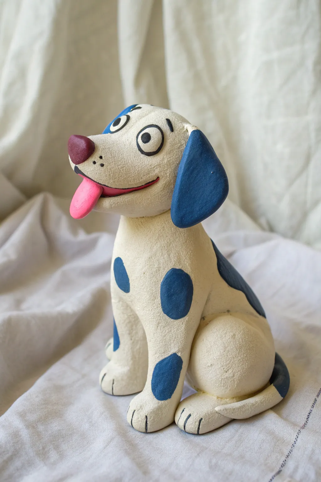 Playful clay dog with tilted head and pink tongue, a bright minimalist decor piece for beginners.