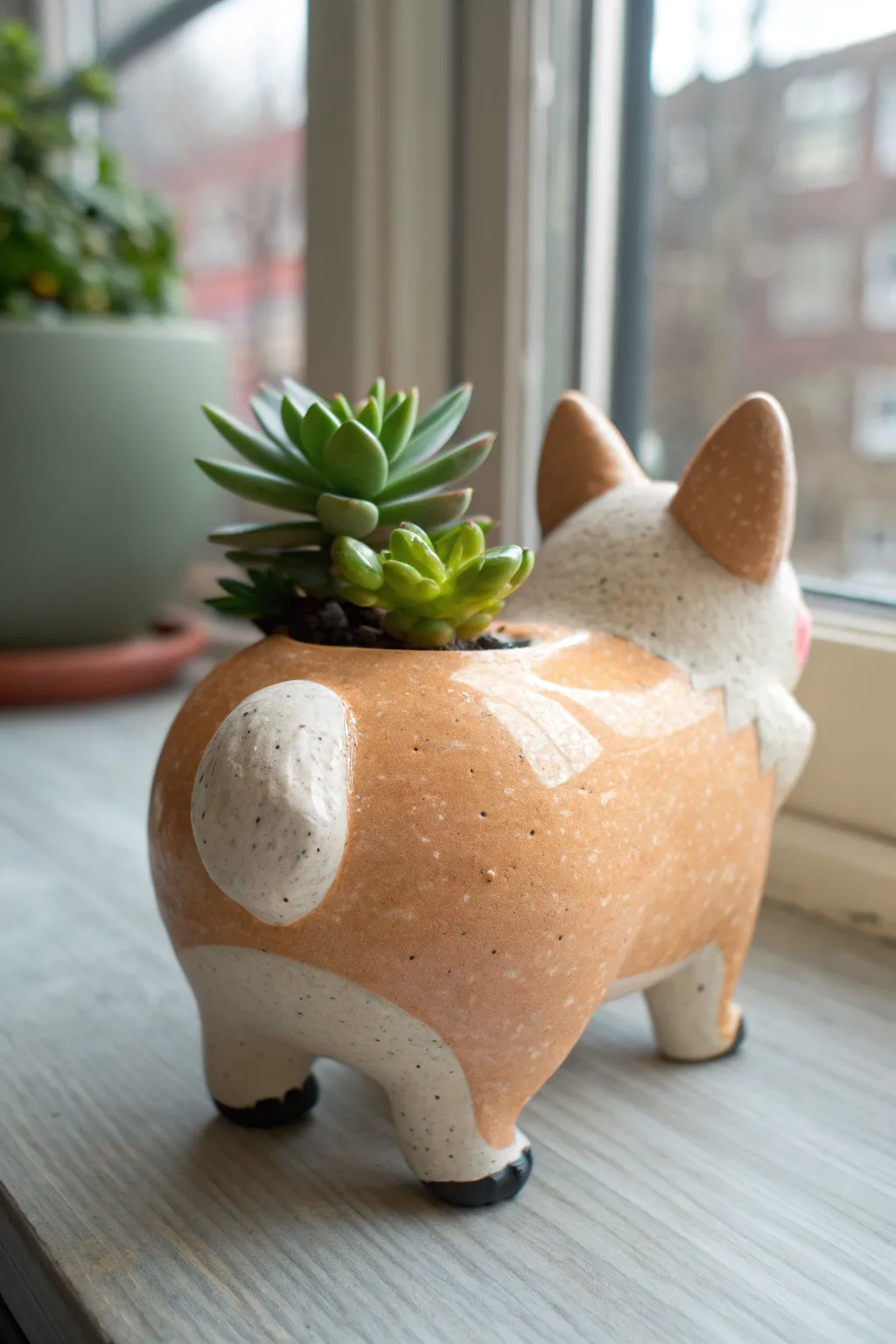 Corgi butt pinch pot planter with a cute fluffy tail and a tiny succulent for boho-minimal vibes.