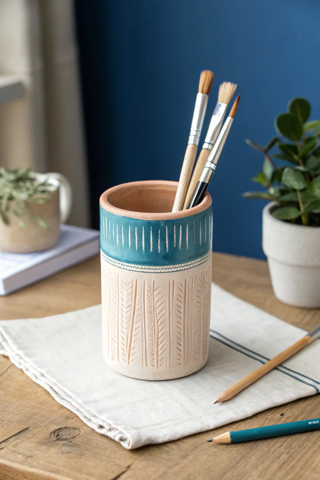 Beginner-friendly air-dry clay pencil cup with earthy texture and a bold minimalist accent.