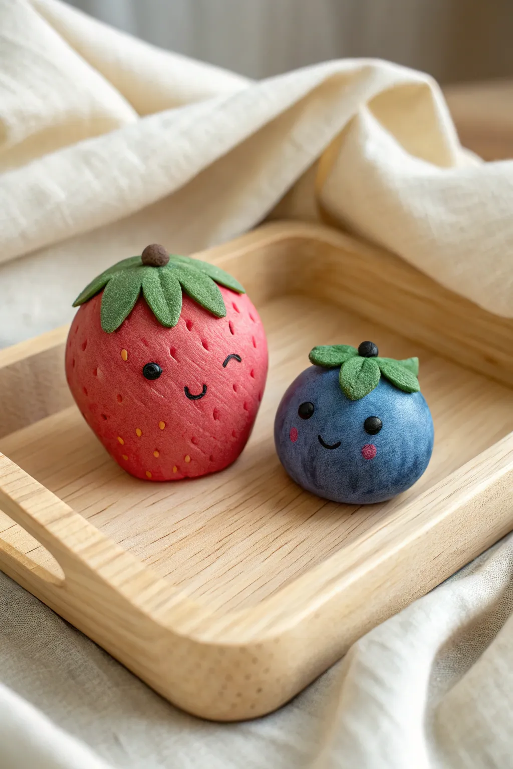 Strawberry and blueberry clay besties with matching smiles in bold, minimalist boho style