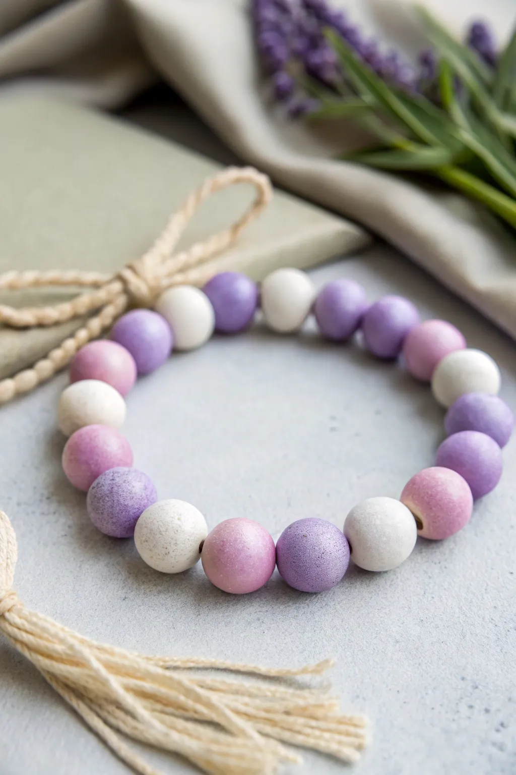Pastel lavender-to-white ombre clay bead bracelet with an egg-dye fade on soft gray.
