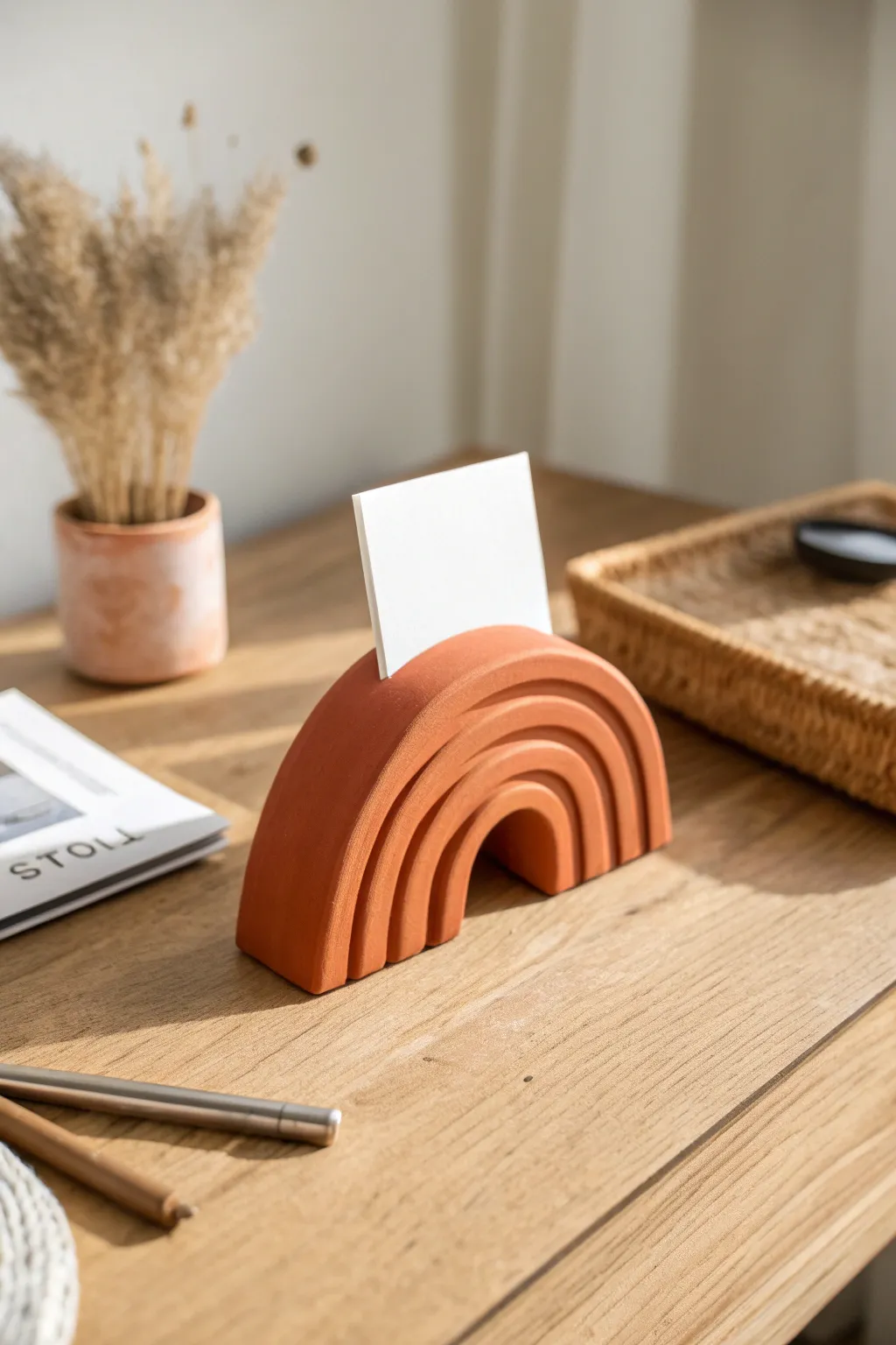 Minimal air-dry clay photo holder in bold terracotta, perfect for notes and photos on your desk.