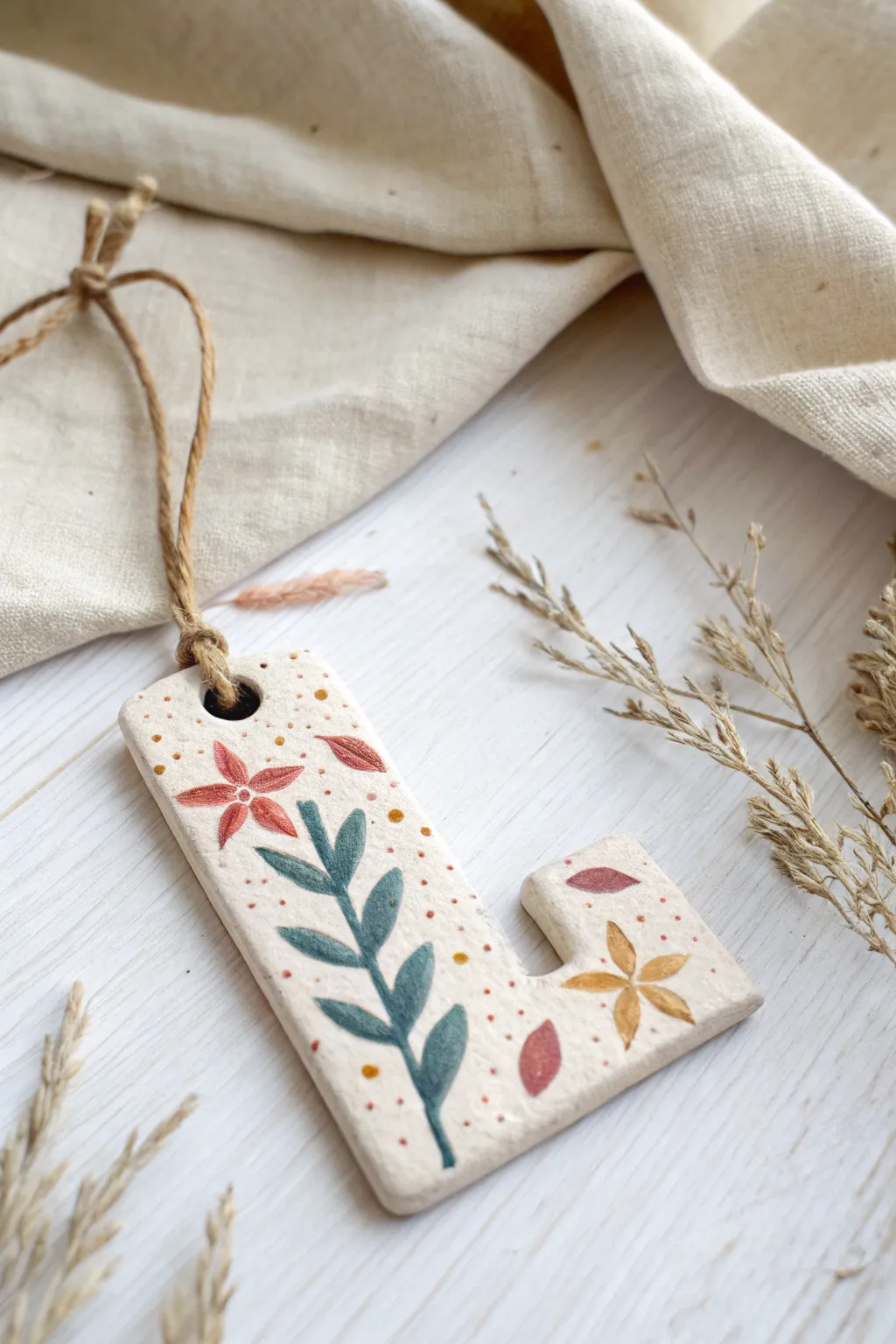 Simple air-dry clay initial ornaments with stamped patterns and bold paint on a minimalist backdrop.