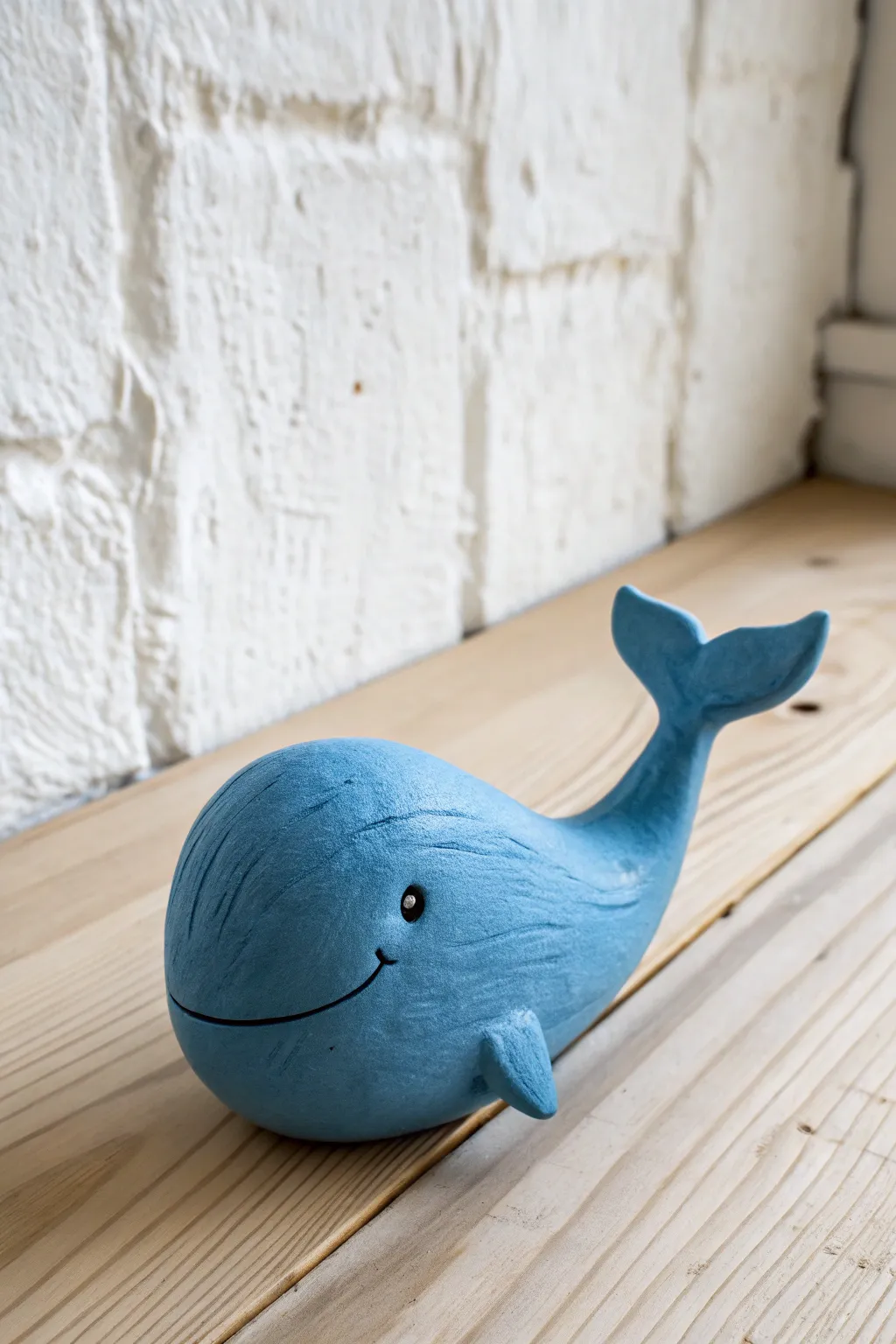 Smiling blue clay whale pocket sculpture, minimal Scandi style with warm light and bold contrast.