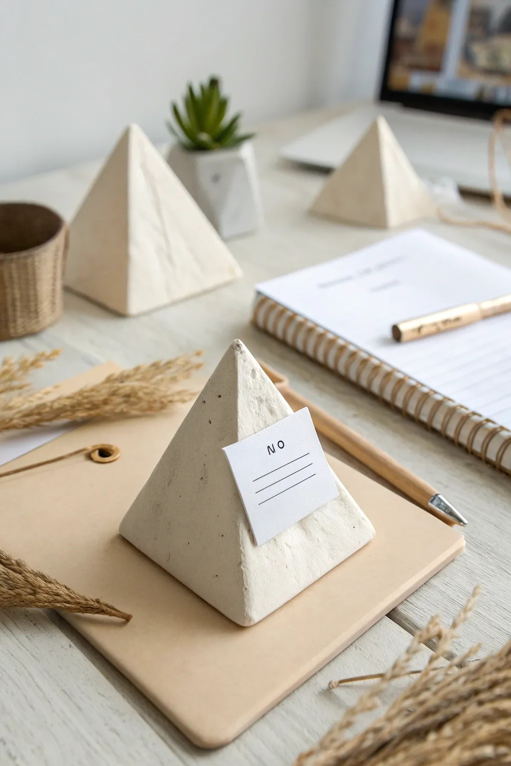 Minimal clay mountain card holder in bold color, styled on a clean Scandinavian desk